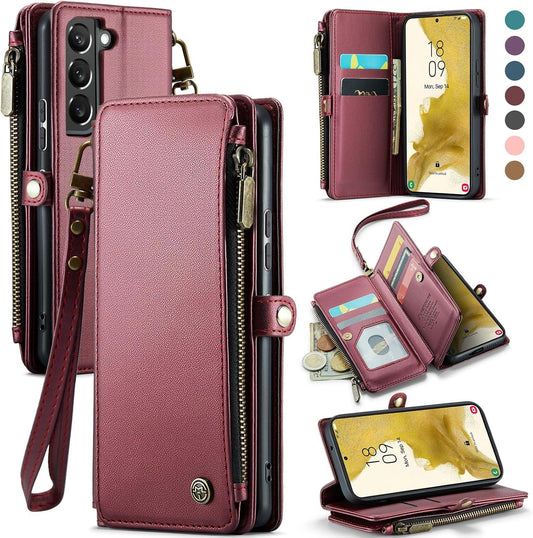Defencase for Samsung Galaxy S22 Case, 【RFID Blocking】 for Galaxy S22 Case Wallet for Women Men with Card Holder, Fashion PU Leather Magnetic Flip Strap Phone Case for Samsung S22 6.1", Wine Red