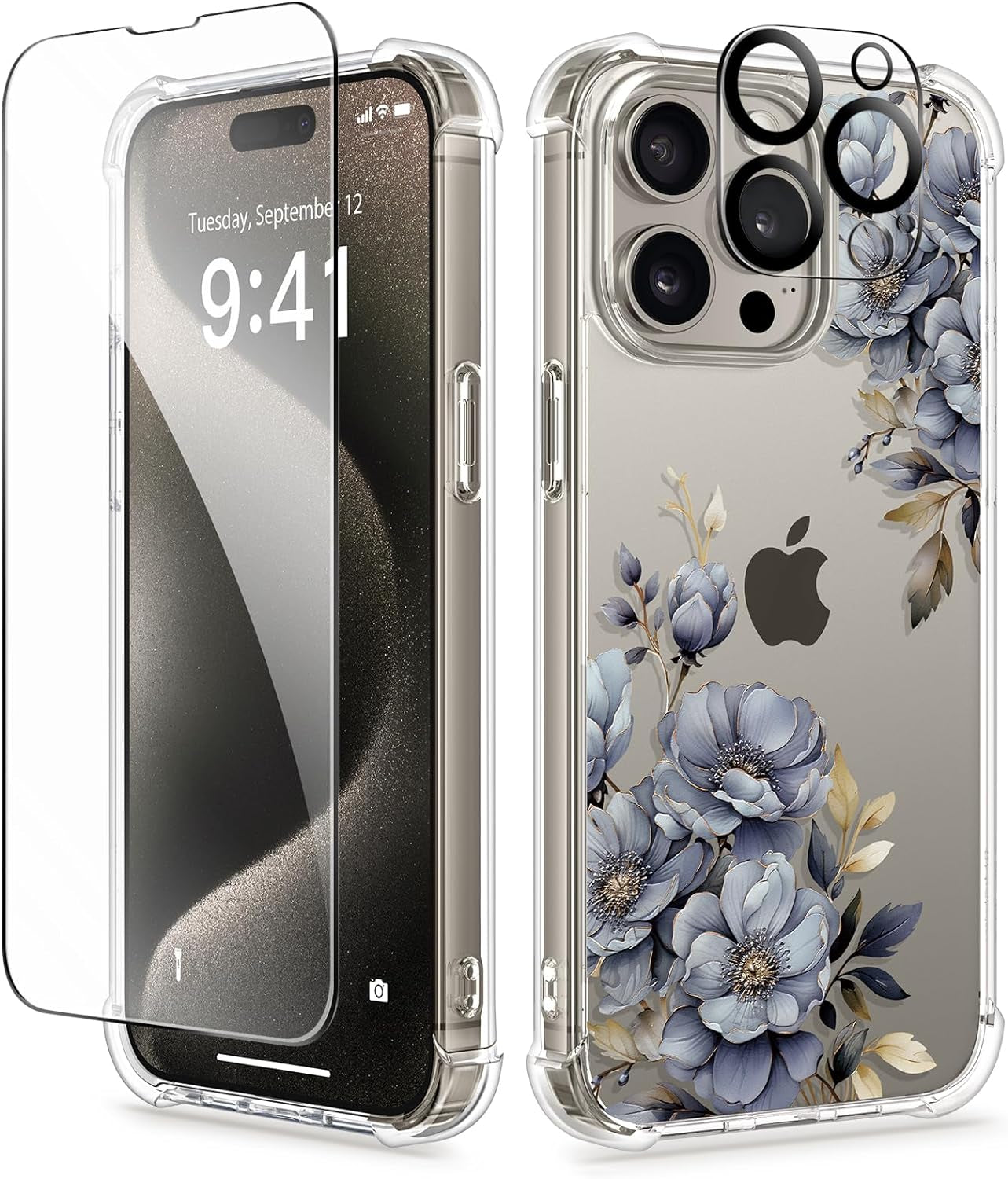 GVIEWIN for Iphone 15 Pro Case Floral, with Screen Protector+Camera Lens Protector, [Not Yellowing] Slim Shockproof Clear Phone Protective Cover for Women, Flower Pattern Design (Ranunculus/Pink)  GVIEWIN Gardenia/Blue  