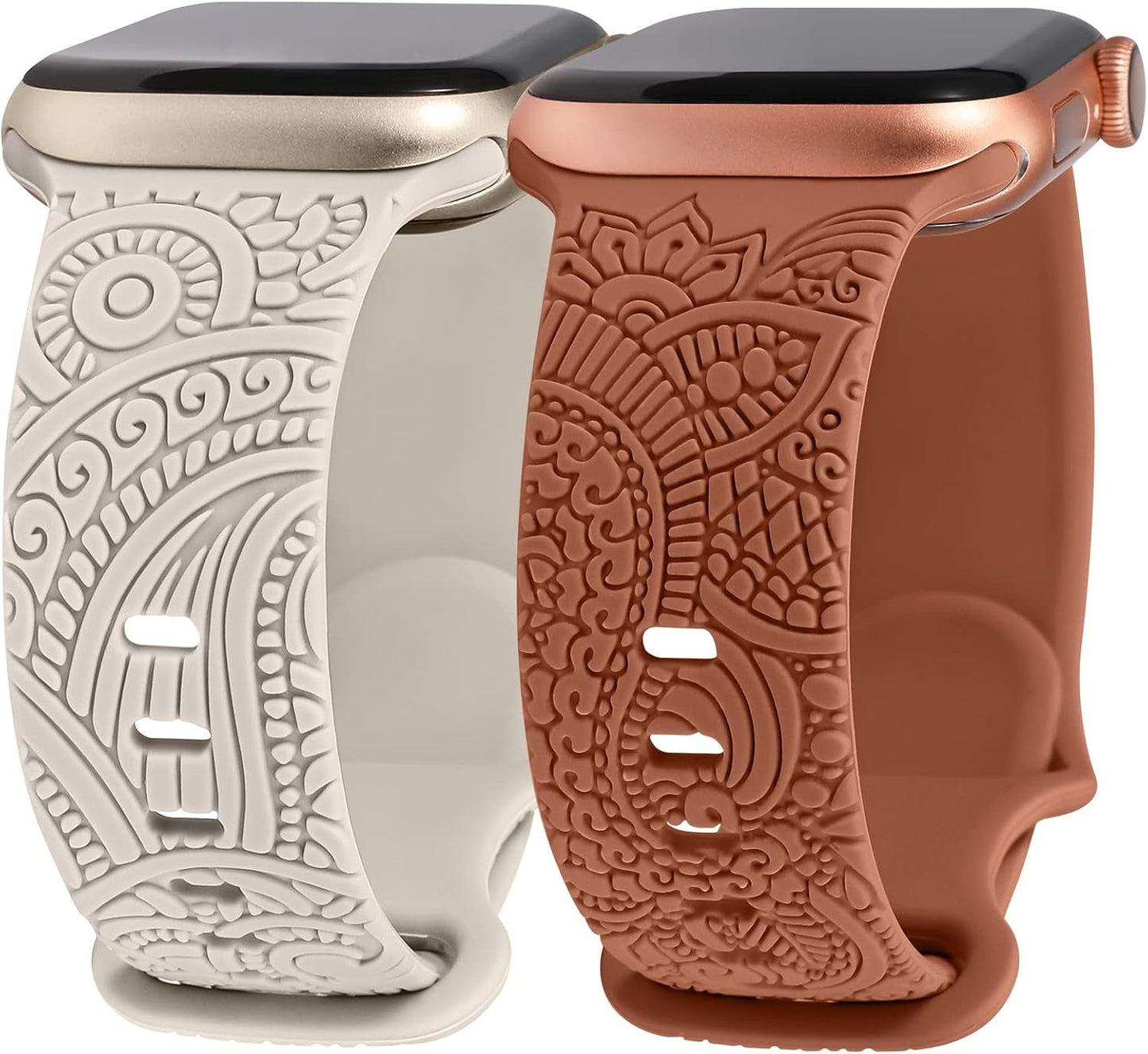 2 Packs Boho Engraved Bands Compatible with Apple Watch Bands 41Mm 40Mm 38Mm 45Mm 44Mm 42Mm 49Mm Women Girls Men, Silicone Sport Fancy Dressy Cute Strap for Iwatch Series 9/Ultra/Se/8/7/6/5/4/3/2/1