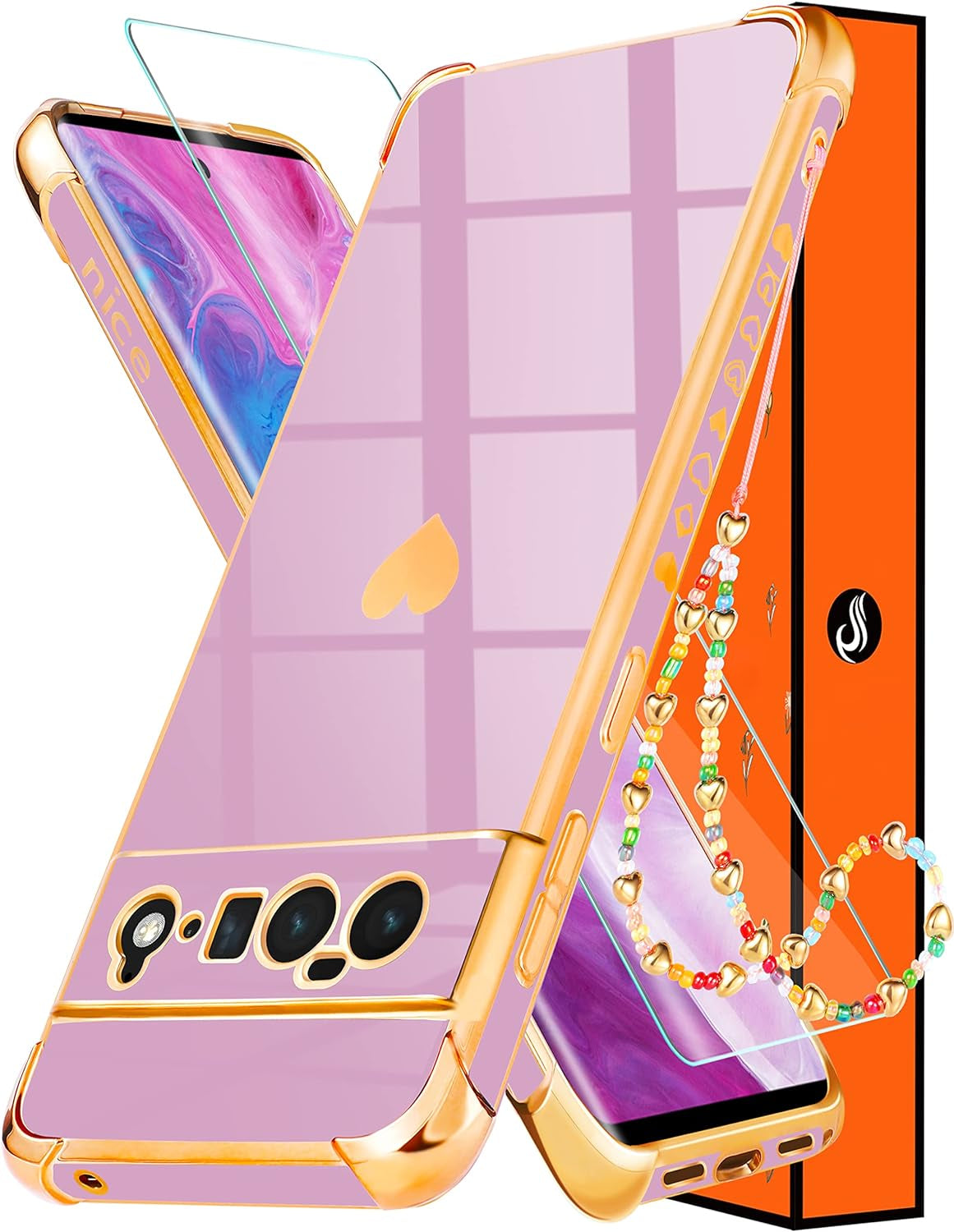 Shorogyt (3In1 Heart Case for Google Pixel 6 Case 5G 6.4 Inch Women Cute Aesthetic Love Hearts Pattern Girls Gold Luxury Girly Design Phone Cases Cover+Screen+Chain for Pixel 6 Case 5G 6.4''  qunxiner Purple For Google Pixel 6 Pro 