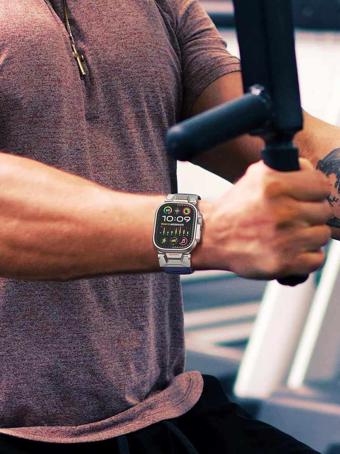 Fluororubber Sport Watch Band Compatible with Apple Watch Ultra 2/Ultra Band 49Mm 45Mm 44Mm 42Mm for Men, Rugged Strap with Stainless Steel Metal Connector for Watch Ultra Series SE 9 8 7 6 5 4 3