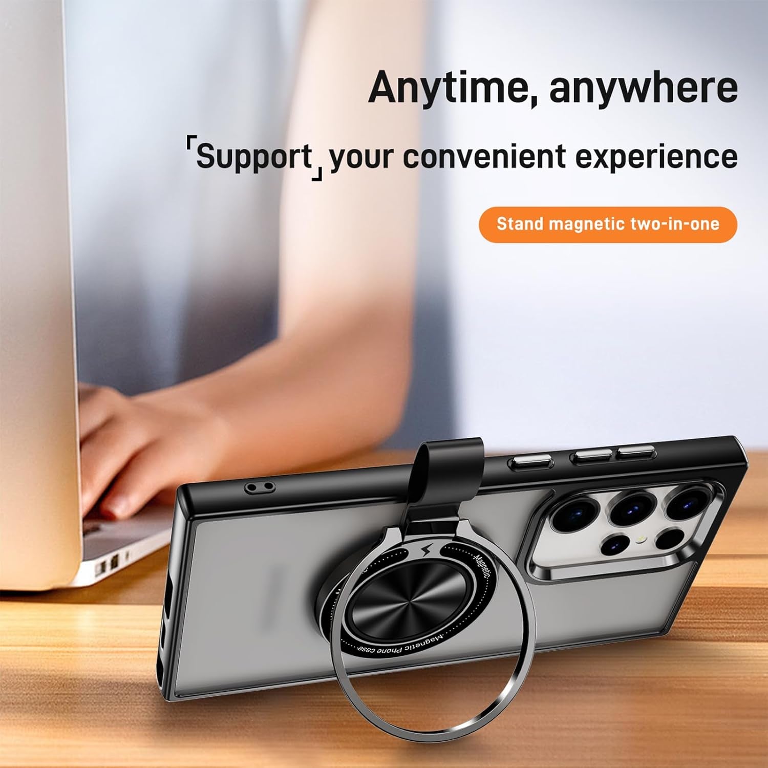 For Galaxy S22 Ultra Case with Magnetic Stand Slim Case with Soft Silicone Bumper for S22 Ultra Cover Wireless Charging Black+Kickstand 13-S22U-07