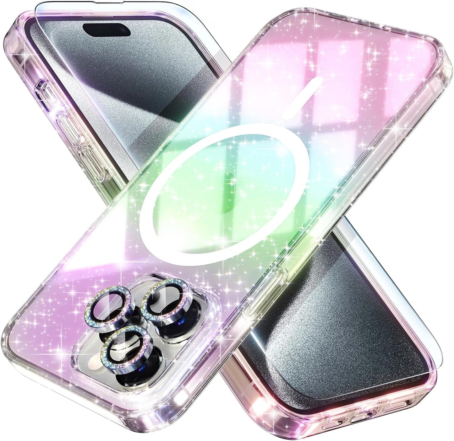 Choiche for Iphone 15 Pro Case Magnetic, Women Clear Glitter Bling Sparkly Case, [3Xdiamond Camera Lens Protectors] [2Xtempered Glass Screen Protectors] [Compatible Magsafe] (Glitter Clear)  Choiche   