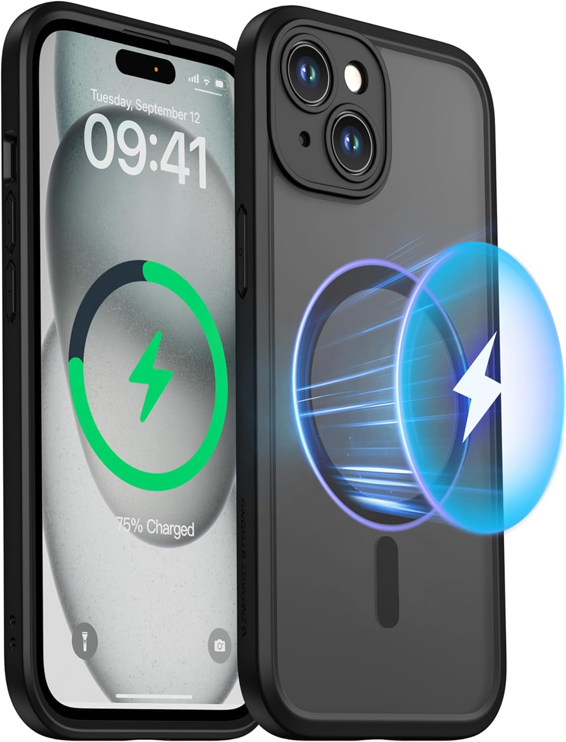 Impactstrong Magnetic Guard Designed for Iphone 15 Case [Camera Protection] [Military Grade Drop Tested] [Compatible with Magsafe] Slim Translucent Matte Phone Case (6.1") - Gray  ImpactStrong Black Iphone 15 