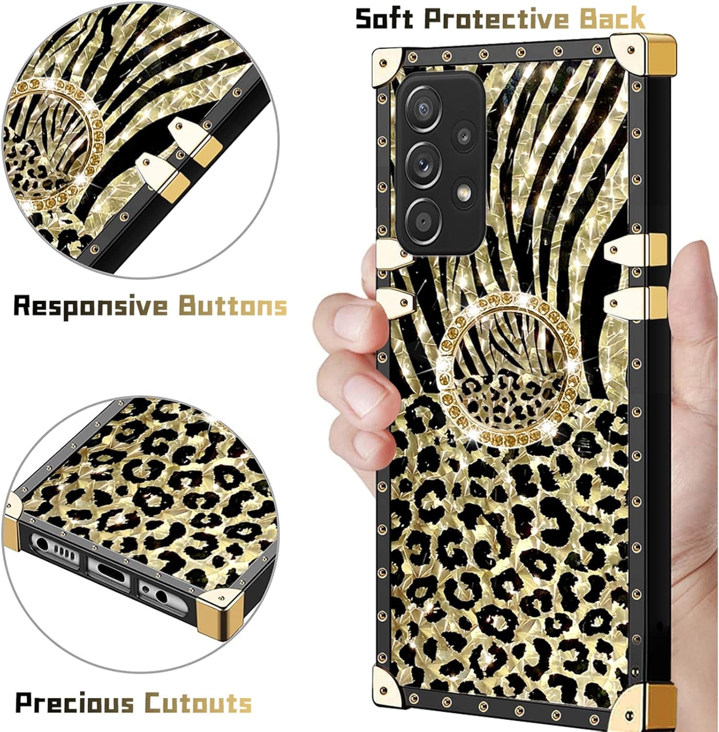 Case for Galaxy A53 5G, for Samsung A53 5G Phone Case with Ring Stand Retro Elegant Luxury Sparkle Leopard Cheetah Print Design Gold Full Protection Square Protective Phone Cover for Girls Women
