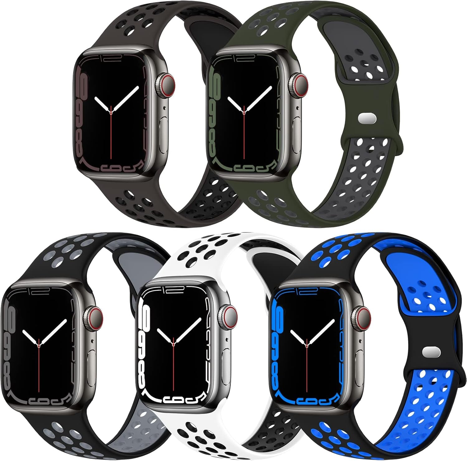 EOMTAM 5 Pack Sport Bands Compatible for Apple Watch 49Mm 45Mm 44Mm 42Mm 41Mm 40Mm 38Mm Men Women, Breathable Silicone Soft Replacement Strap Wristband for Iwatch Series Ultra 8 SE 7 6 5 4 3