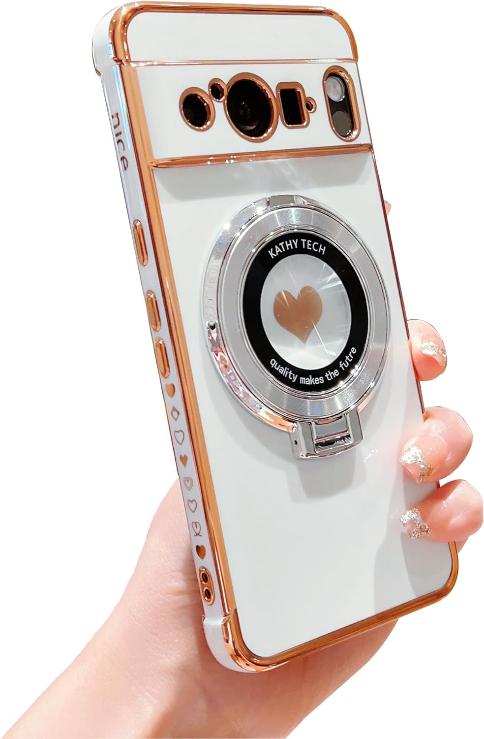 Phylla for Google Pixel 8 Pro 5G 6.7" Phone Case with Magsafe,Luxury Plated Cute Love Heart Cover with Magnetic Stand Holder Side Small Hearts Pattern Soft Shockproof Kickstand Bumper for Women-Black  PHYLLA\1 White  