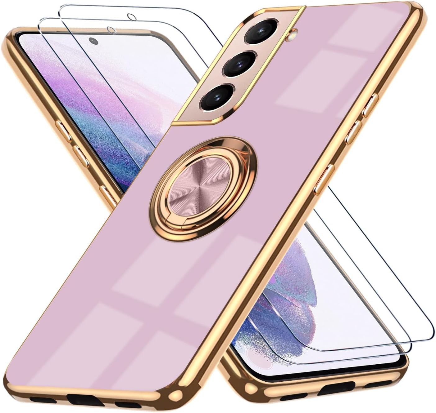 For Samsung Galaxy S22 5G Case, with 2 Screen Protector, Built-In 360° Ring Holder Magnetic Stand, Luxury Electroplated Plating Edge Shockproof Protective Phone Cover, Black