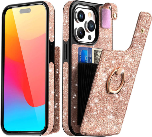 Aicase Card Holder Case Compatible with Iphone 15 Pro Max, Wallet Phone Case Glitter Sparkly Protective Cover for Women with Ring Kickstand and 8 Credit Card Slots, Rose Gold  AICase   