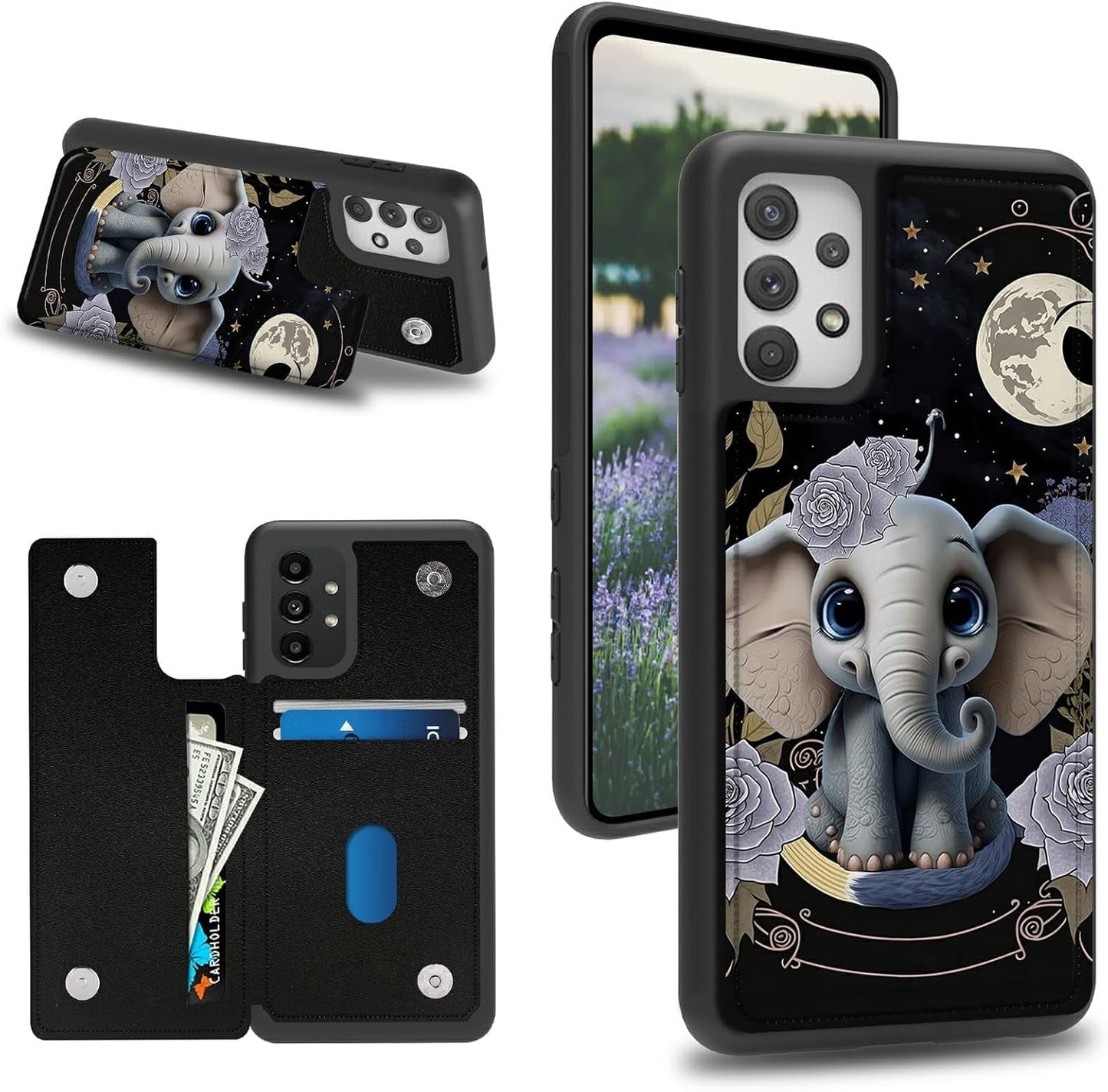 Case for Samsung 53 5G 6.5" Wallet Phone, Credit Card Holder Slots Cover & Hard PC Shockproof Soft Silicone Dual Layer Protection Flip Case for Samsung Galaxy A53 5G 2022, Elephant Flowers