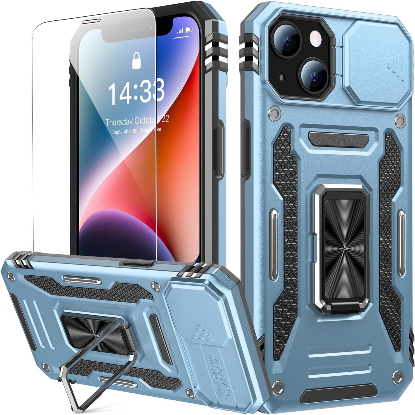 Goodon for Iphone 14 Pro Max Case with Slide Camera Cover + Screen Protector, Built in Rotated Ring Magnetic Kickstand Military Grade Shockproof Protective Phone Case 6.7" Pale - Green  Goodon Light Blue Iphone 14/ Iphone 13 6.1" 