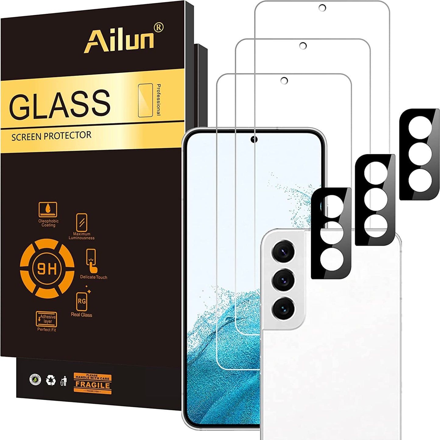 Ailun Glass Screen Protector for Galaxy S24 3 Pack + 3 Pack Camera Lens Tempered Glass Fingerprint Unlock Compatible 0.25Mm Anti-Scratch Case Friendly Clear - HD