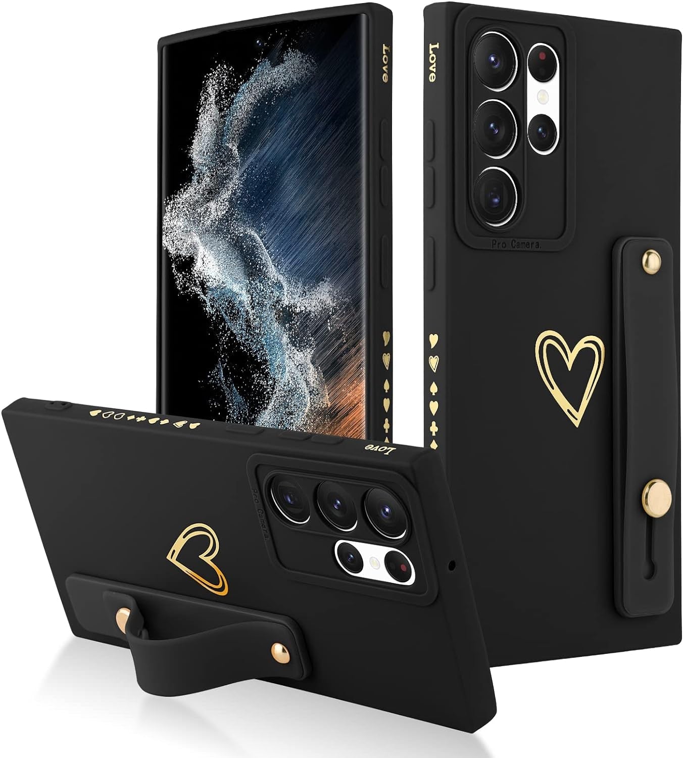 Fiyart Designed for Galaxy S22 Ultra Case with Phone Stand Holder Cute Love Hearts Pattern Slim Protective Camera Protection Cover with Wrist Strap for Women Girls for Galaxy S22 Ultra 6.8"-Pink