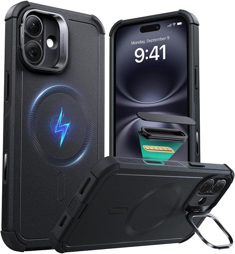 ESR for Iphone 17 Pro Case with Stash Stand, 7X Military-Grade Drop Protection with Camera Control, Shock-Absorbing Phone Rugged Cover, Compatible with Magsafe Accessories, Cyber Series, Black