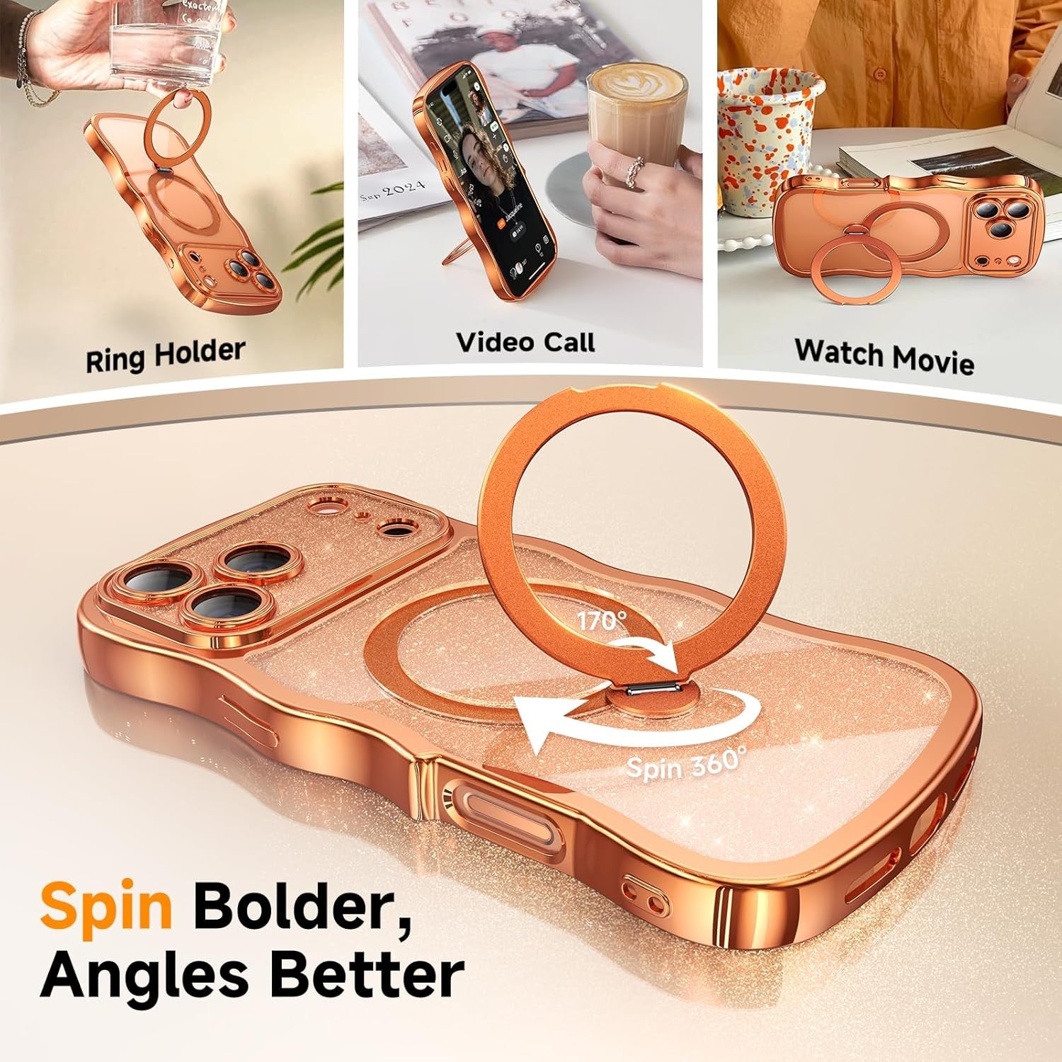 3 in 1 for Iphone 17 Pro Max Case with 360° Spin Magnetic Stand, 1X DIY Glitter Cardstock+1X Screen Protector, [Fit for Magsafe]Cute Wavy Glossy Clear Phone Cover for Women Girls 6.9", Cosmic Orange