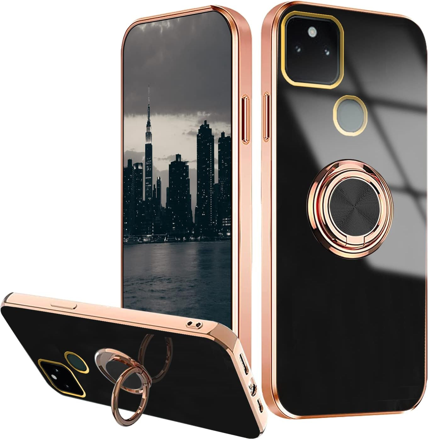 Compatible with Google Pixel 5A 5G Case Ring Holder Magnet Green, Google Pixel 5A 5G Phone Case Silicone Shockproof Plate Luxury Slim Cover (Purple)  Wousunly Black  