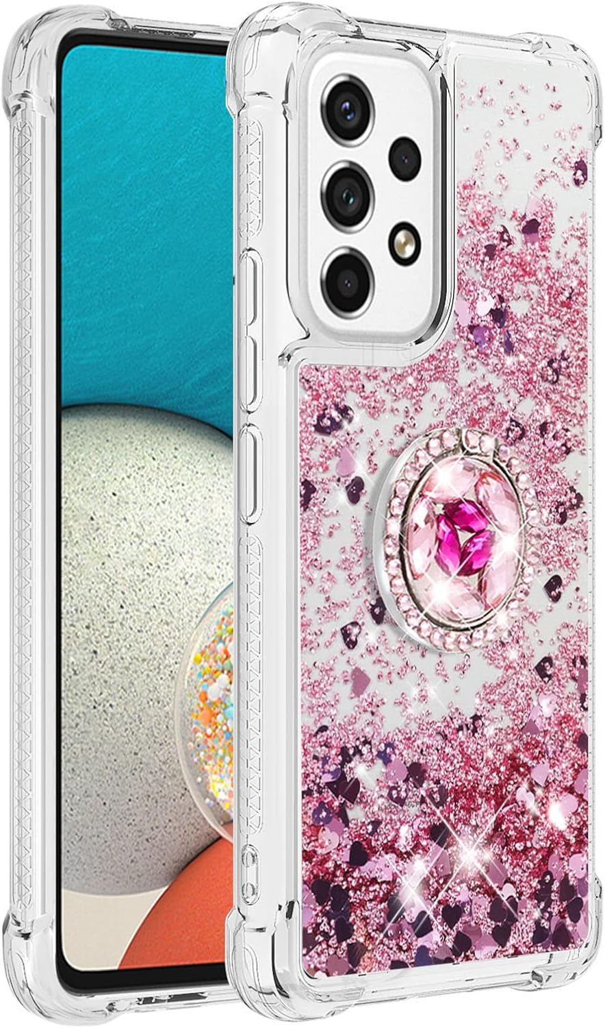 Ccsmall for Samsung Galaxy A53 5G Glitter Case with Ring Holder, Bling Sparkle Floating Liquid Soft TPU Cushion Fashion Girly Women Girls Clear Case Cover for Samsung Galaxy A53 5G LSZ Rose Gold