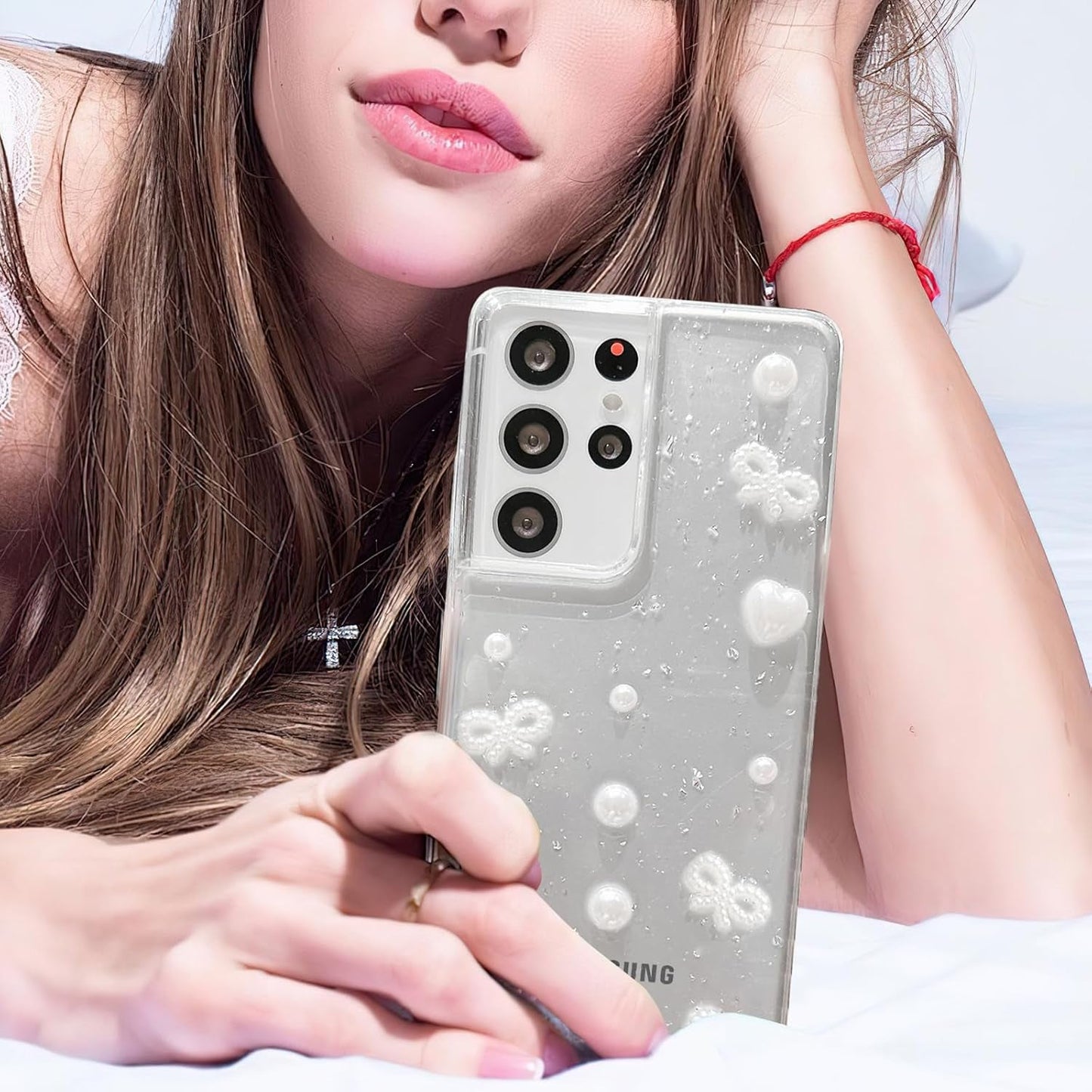 For Samsung Galaxy S21 Ultra Clear Case Cute 3D Pearl Bow Knots Heart with Design Aesthetic Women Phone Case for Girls, Glitter Sparkle Back Shockproof Soft TPU Bumper Cover