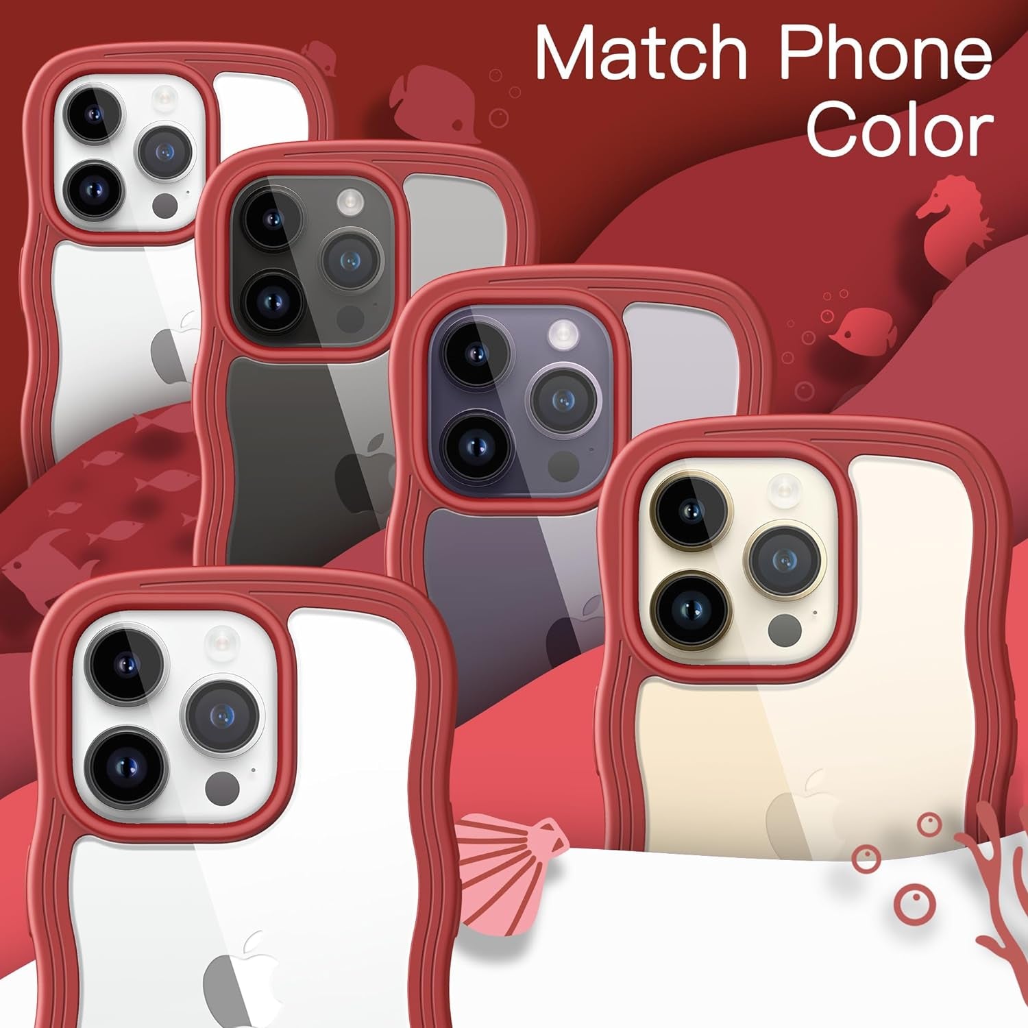 Jetech Cute Case for Iphone 14 Pro 6.1-Inch, Wave Frame Curly Shape Shockproof Phone Cover for Women and Girls, Clear Hard PC Back (Red)  JETech   