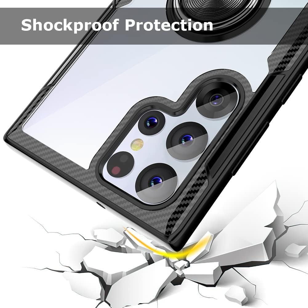 Galaxy S22 Ultra Case with 9H Tempered Glass Camera Screen Protector, Carbon Fiber Design Crystal Clear Cover with Rotation Ring Kickstand [Work with Magnetic Car Mount] for Samsung Galaxy S22 Ultra
