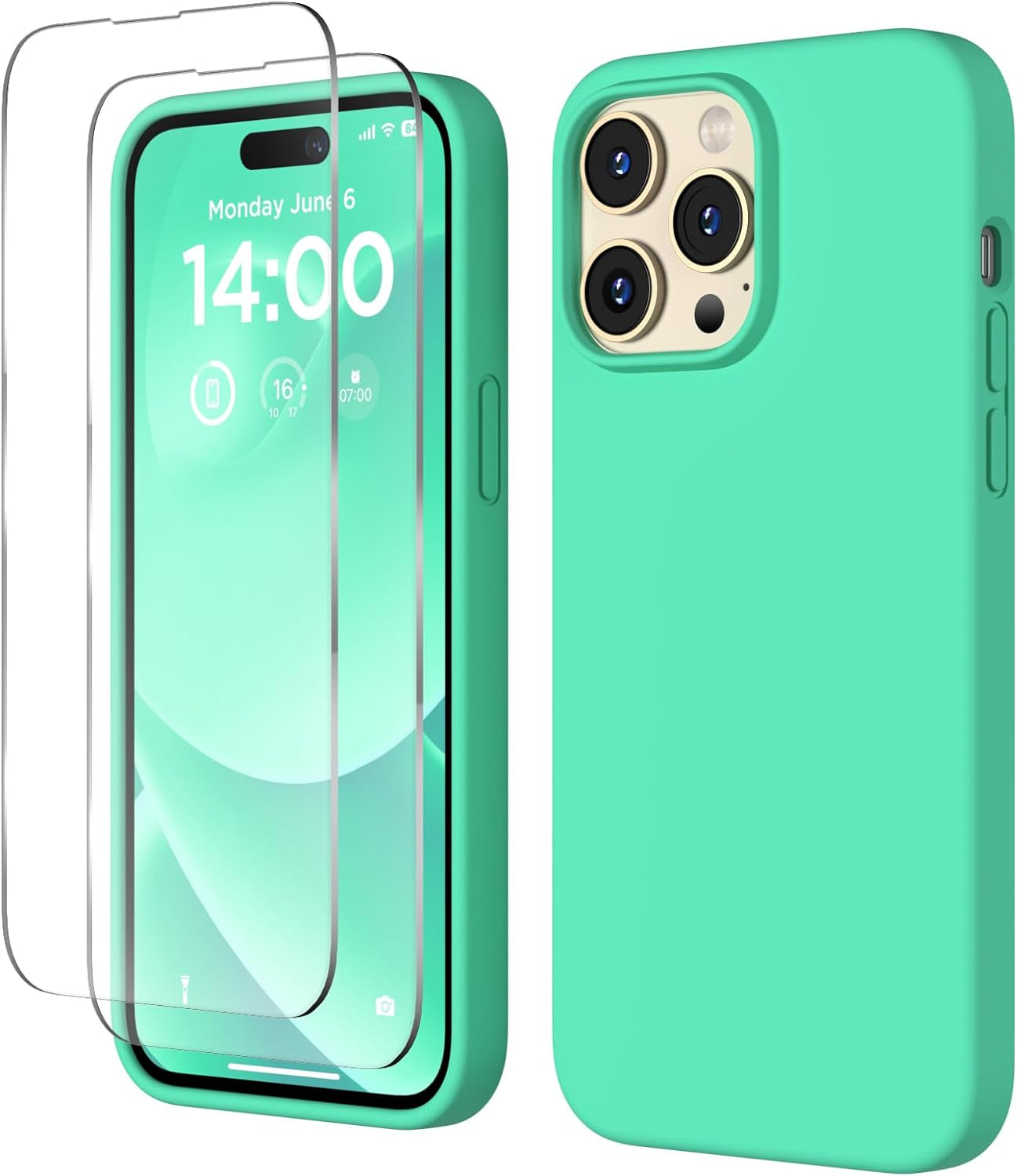 COFFKER Designed for Iphone 14 Pro Max Case, Liquid Silicone Case [2X Screen Protectors], Shockproof Slim Thin Protective Phone Case with Soft Anti-Scratch Microfiber Lining, 6.7 Inch, Calke Green  COFFKER Spearmint Green  