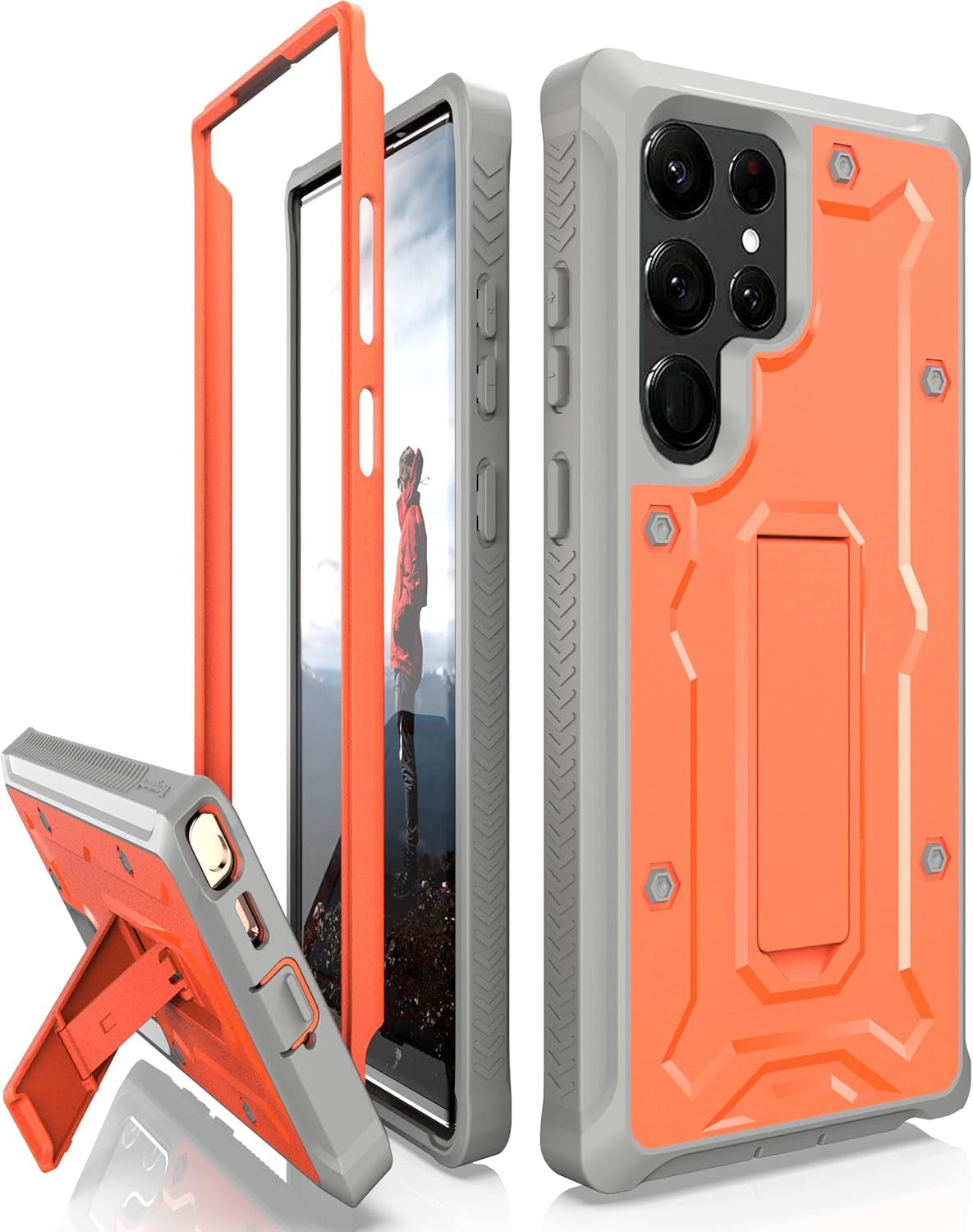 Caseborne V Designed for Galaxy S22 Ultra 5G Case (2022), Full-Body Multi-Layer Rugged Kickstand Case Screenless - Orange