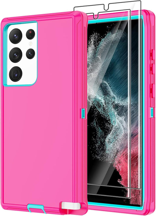 Annymall for Samsung Galaxy S22 Ultra Case with 2 Screen Protector, Full Body Heavy Duty Shockproof Drop-Proof Phone Case Rugged 3-Layer Defender Protective Cover for Samsung Galaxy S22 Ultra (Pink)