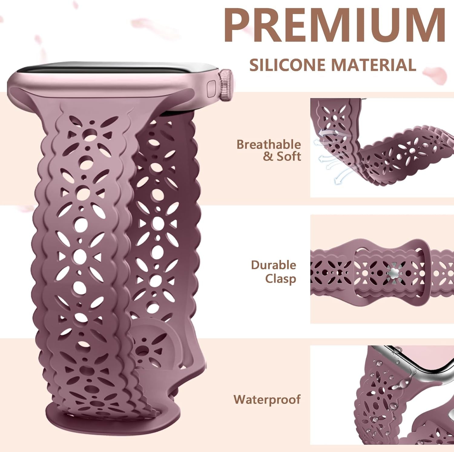 Getino Lace Silicone Band Compatible with Apple Watch Bands for Women 40Mm 41Mm 38Mm 44Mm 45Mm 42Mm 49Mm, Breathable Hollow-Out Sport Strap Slim Thin Bands for Iwatch SE Series 9 8 7 6 5 4 3 2 1 Ultra