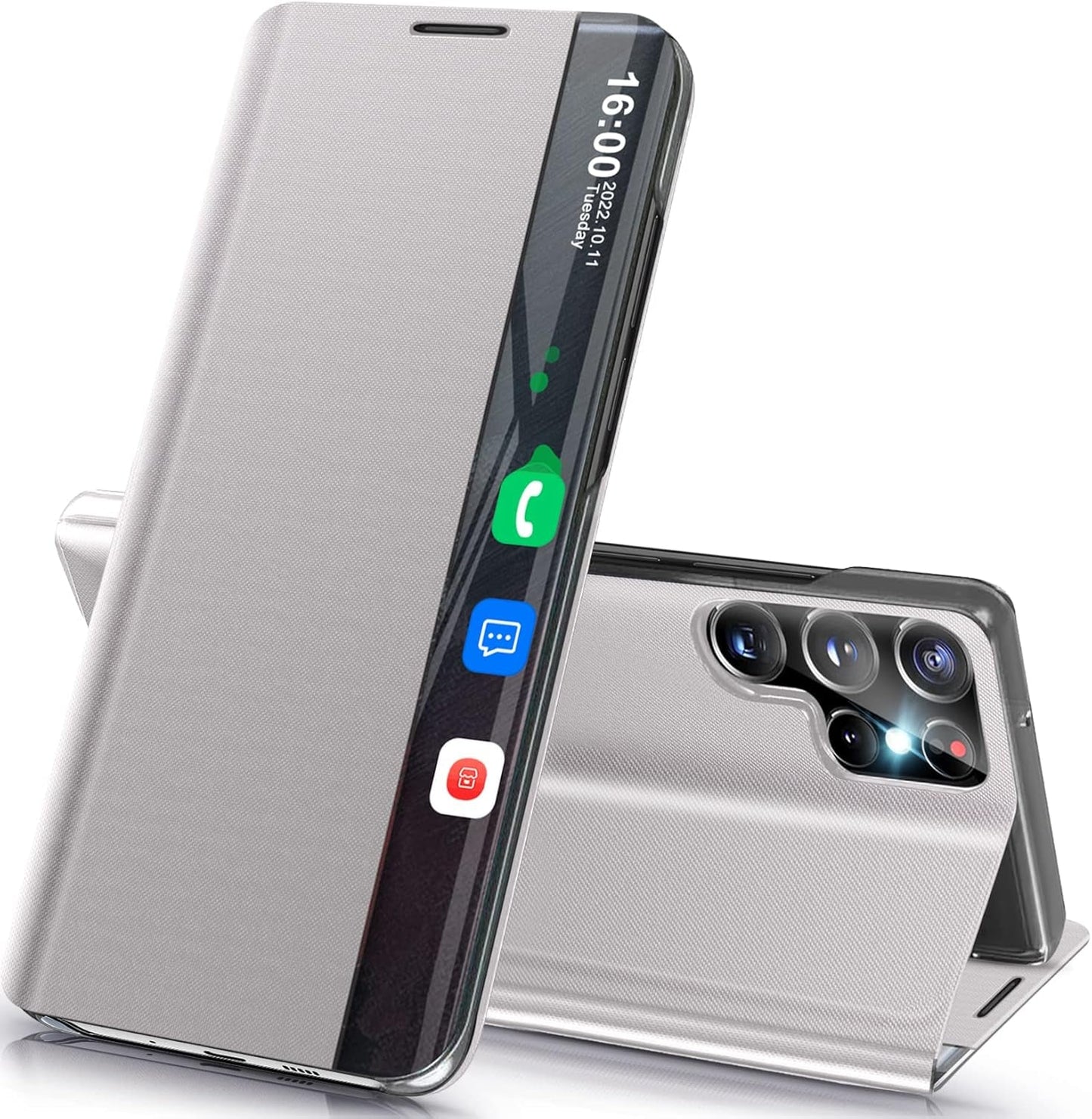 For Samsung Galaxy S22 Ultra 5G Case View Clear Window Leather for Samsung S22 Ultra Case Slim Mirror Hard PC Kickstand Luxury Flip Shockproof Galaxy S22 Ultra Cover Protective (Pink)