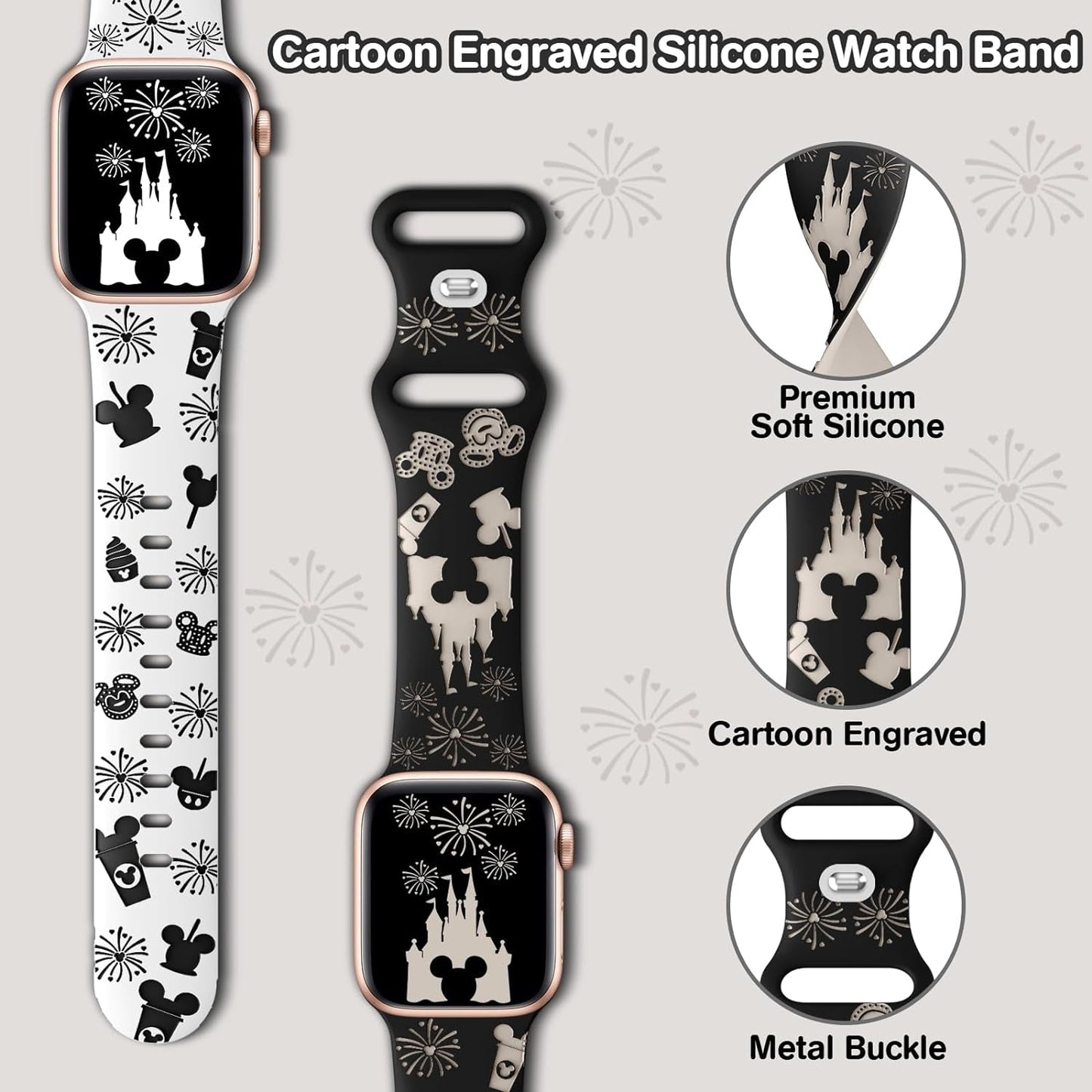 Cartoon Engraved Band Compatible with Apple Watch Bands 40Mm 38Mm 44Mm 45Mm 41Mm 42Mm 49Mm Women, Two-Tone Cute Soft Silicone Sport Strap for Iwatch Series 9/8/SE/7/6/5/4/3/2/1