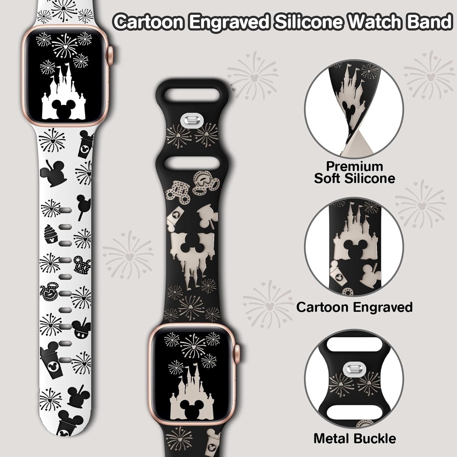 Cartoon Engraved Band Compatible with Apple Watch Bands 40Mm 38Mm 44Mm 45Mm 41Mm 42Mm 49Mm Women, Two-Tone Cute Soft Silicone Sport Strap for Iwatch Series 9/8/SE/7/6/5/4/3/2/1