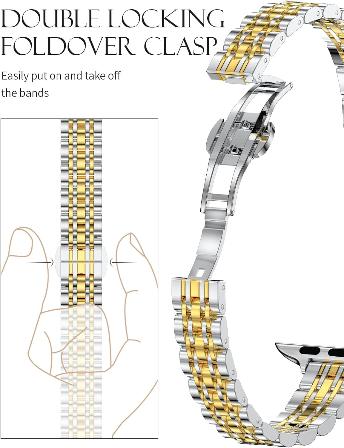 CTYBB Women Slim Band Compatible with Apple Watch Band 38Mm 40Mm 41Mm 42Mm 44Mm 45Mm, Stainless Steel Replacement Straps with Case for Iwatch Bands Series 9 8 7 6 5 4 3 2 1 Se,Silver+Gold