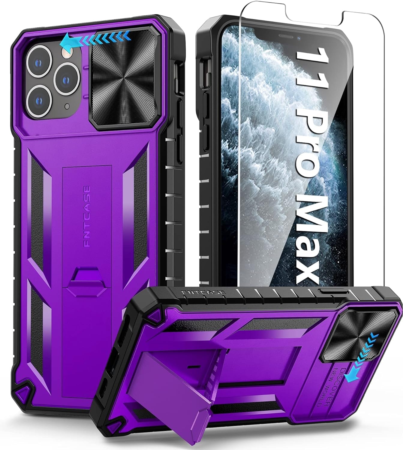 FNTCASE for Iphone 15 Pro Case: Military Grade Drop & Shock Protection Cell Phone Cover with Kickstand & Slide | Rugged Protective Bumper Textured | Heavy Duty Protector(Blue)  FNTCASE Purple For Iphone 11 Pro Max (6.5 Inch) 