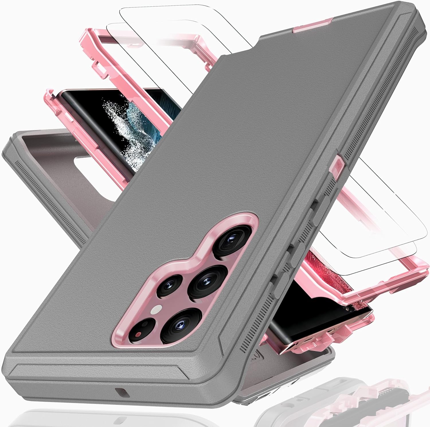 For Galaxy S22 Ultra Case with Soft TPU Film Screen Protector[2 Pack],3 in 1 Shockproof TPU Hard PC Bumper Drop-Proof Shell for Samsung Galaxy S22 Ultra Lihgt Gray/Pink