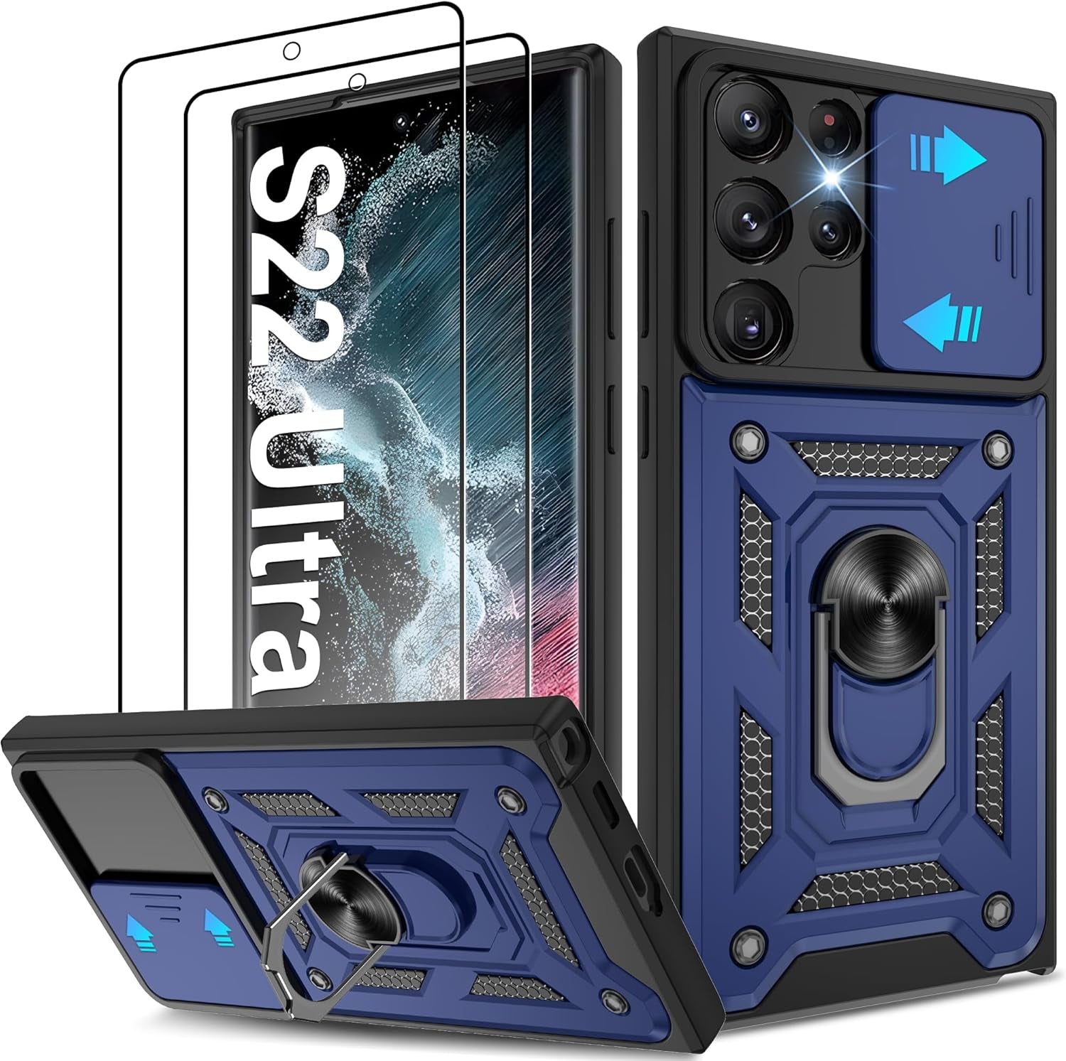 ATUMP for Samsung Galaxy S22 Ultra Case with (2 Pcs) HD Screen Protector, Heavy Duty Shockproof with 360° Rotation Metal Kickstand [Military Grade] Protective Case for S22 Ultra, Blue