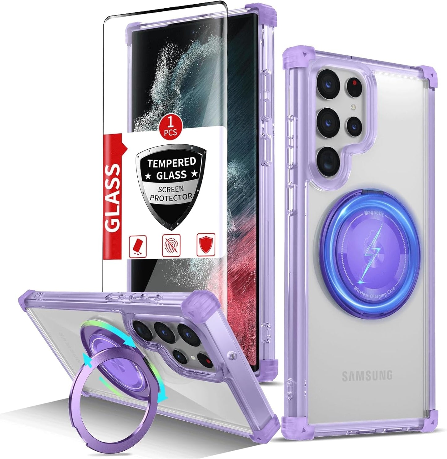 For Samsung Galaxy S22 Ultra Case Magnetic Compatible with Magsafe Galaxy S22Ultra Case with Glass Screen Protector,With Kickstand Military Grade Drop Protection Shockproof S22Ultra Case Clear