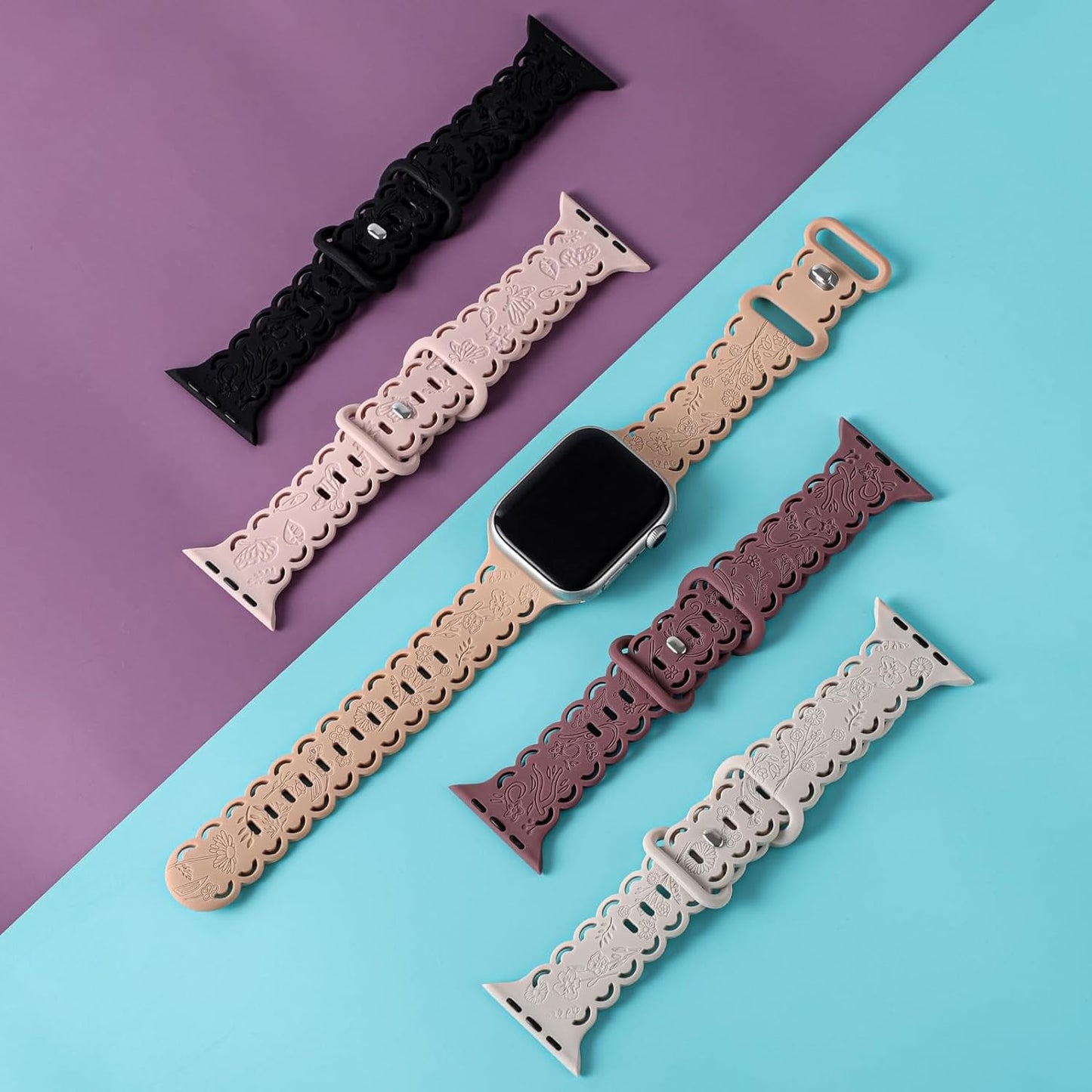 4 Pack Floral Engraved Silicone Bands Compatible with Apple Watch Band 38Mm 40Mm 41Mm 42Mm 44Mm 45Mm 49Mm Women, Soft Lace Cute Strap Flower Wristbands for Iwatch Series 9 8 7 6 5 4 3 2 1 SE Ultra