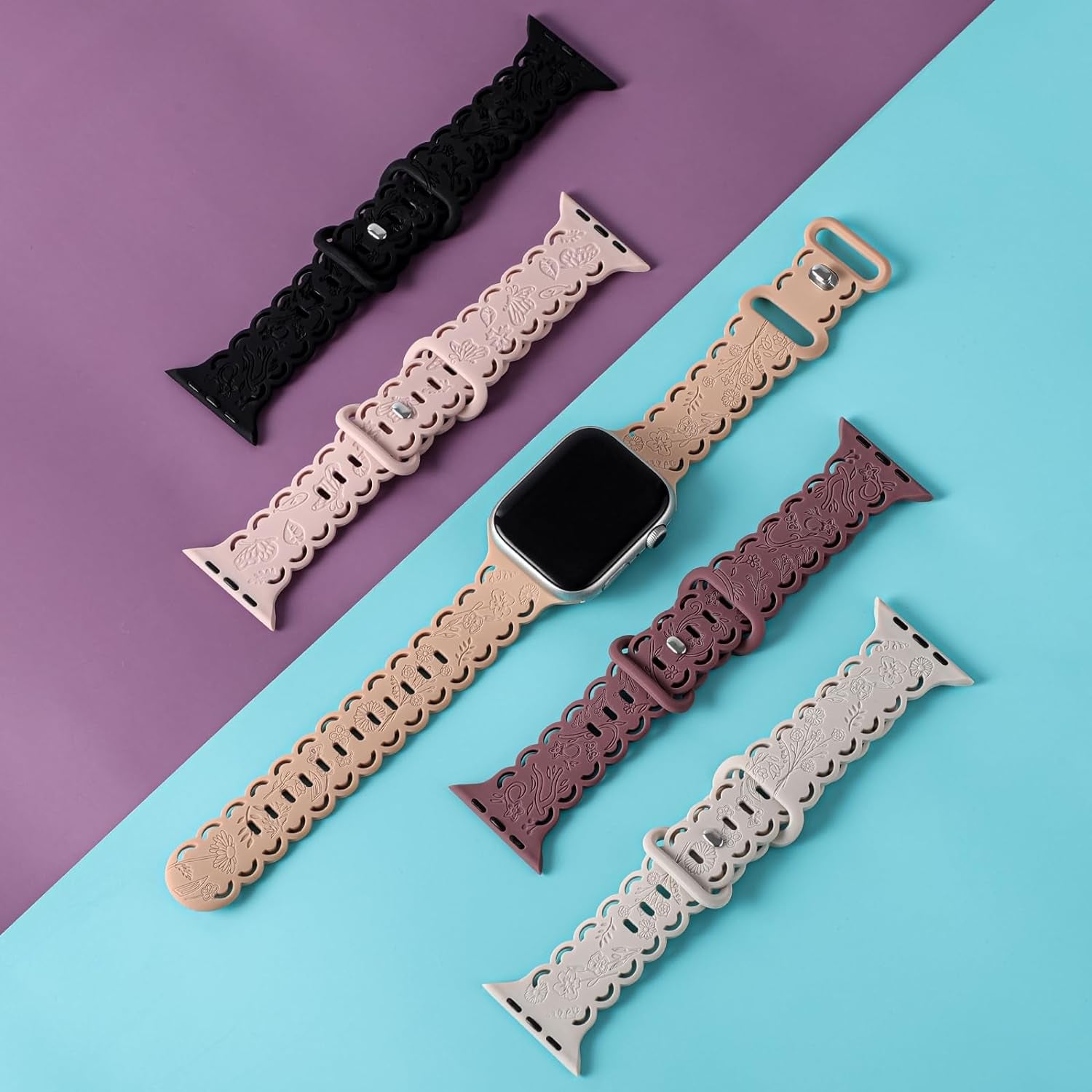 4 Pack Floral Engraved Silicone Bands Compatible with Apple Watch Band 38Mm 40Mm 41Mm 42Mm 44Mm 45Mm 49Mm Women, Soft Lace Cute Strap Flower Wristbands for Iwatch Series 9 8 7 6 5 4 3 2 1 SE Ultra