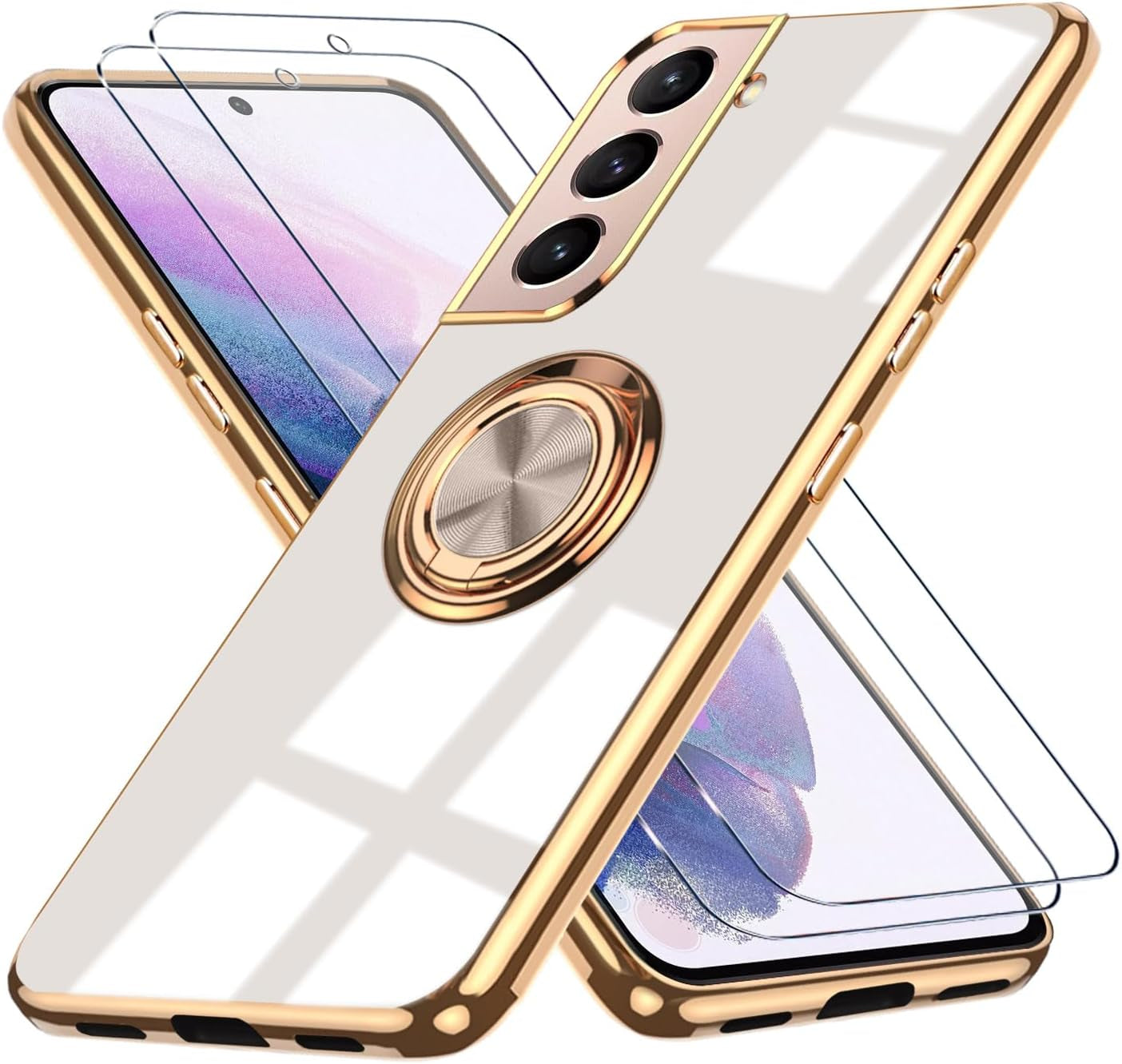 For Samsung Galaxy S22 5G Case, with 2 Screen Protector, Built-In 360° Ring Holder Magnetic Stand, Luxury Electroplated Plating Edge Shockproof Protective Phone Cover, Black