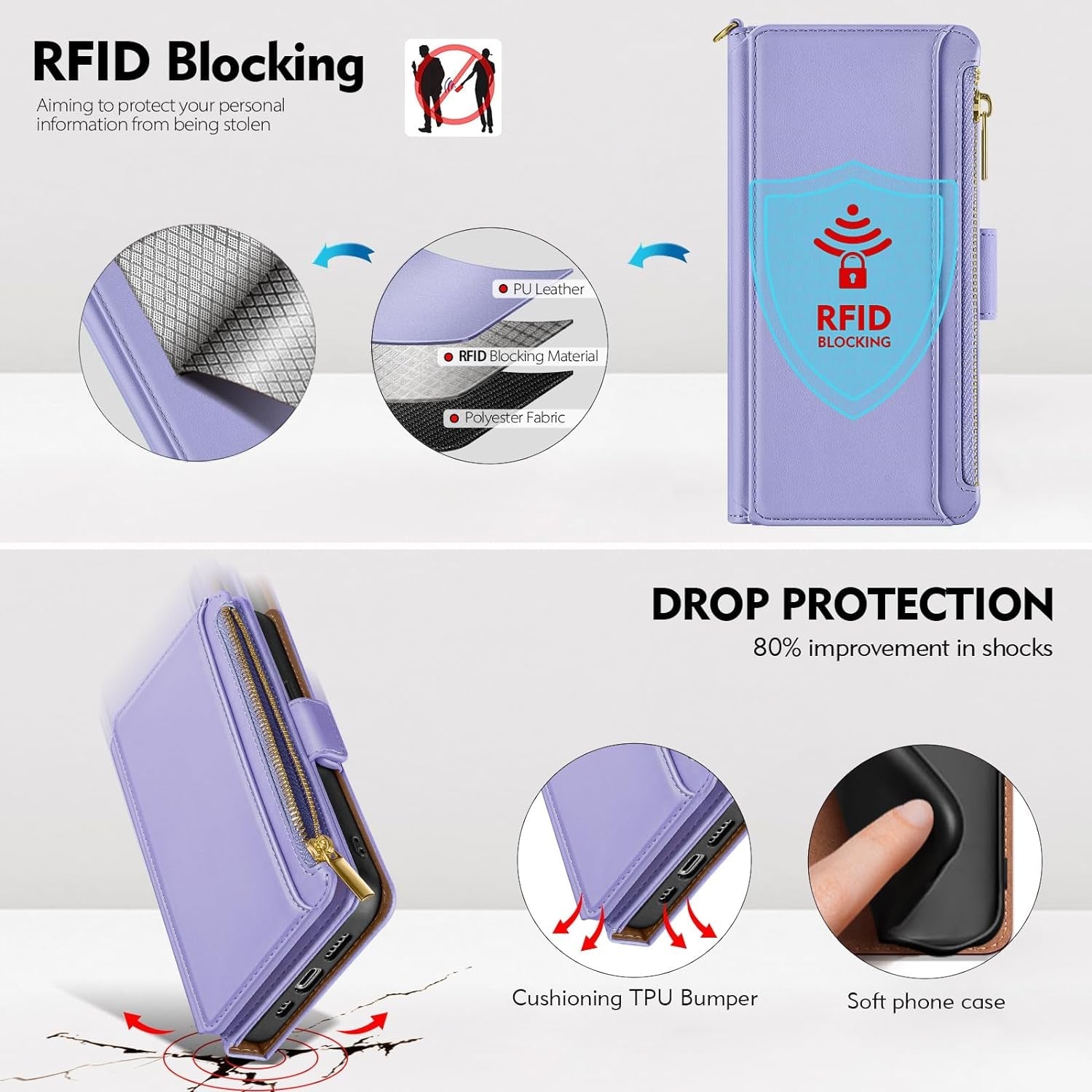 Antsturdy Samsung Galaxy S22+/S22 plus Case Wallet with Card Holder for Women Men,Galaxy S22+/S22 plus Phone Case RFID Blocking PU Leather Flip Cover with Strap Zipper Credit Card Slots,Light Purple