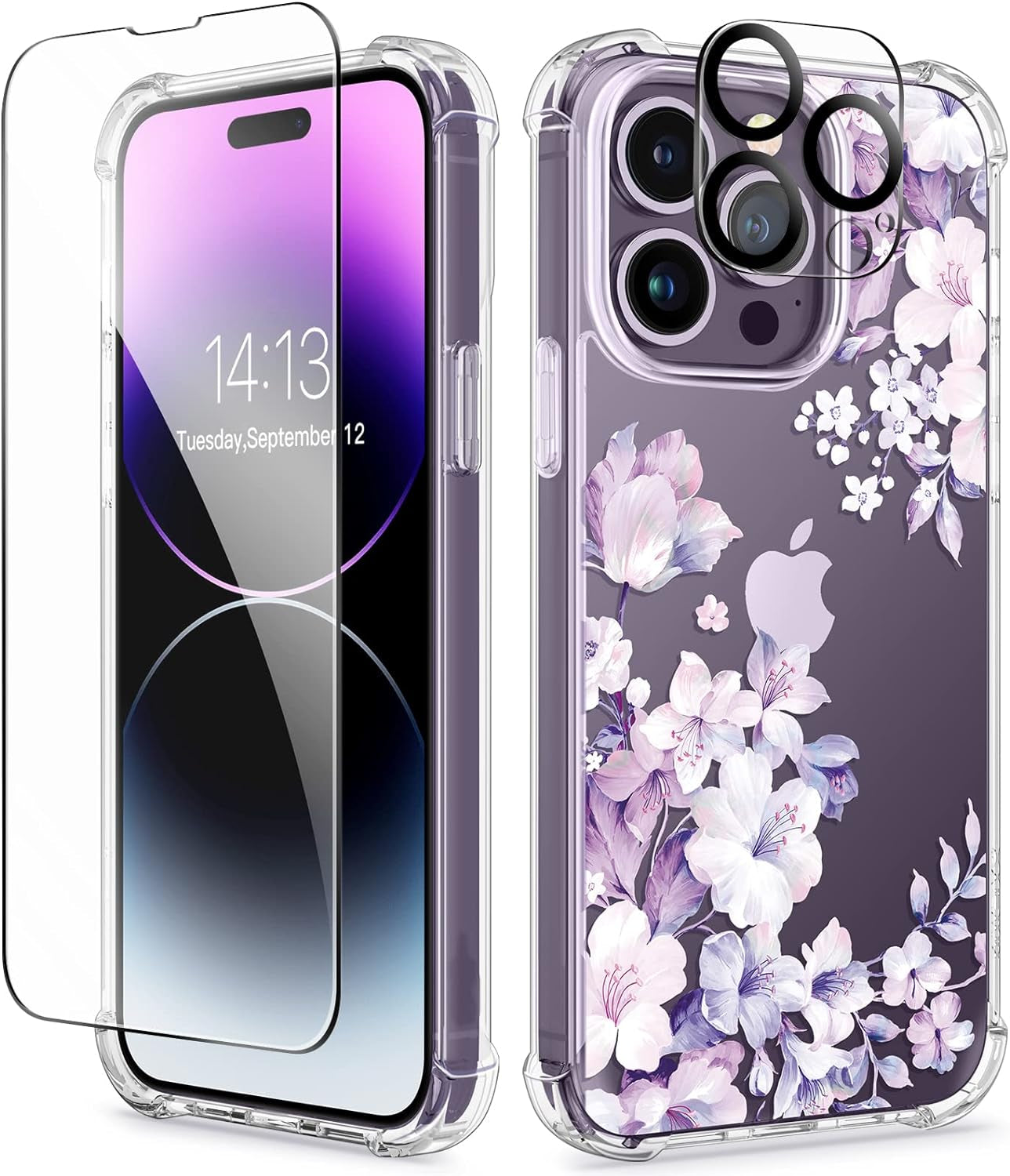 GVIEWIN for Iphone 14 Pro Case with Screen Protector & Camera Lens Protector, Floral Slim Shockproof Protective Hard PC+TPU Bumper Flower Women Phone Cover for 14 Pro, 6.1"(Aster/Purple)  GVIEWIN Foliolosa/Purple  
