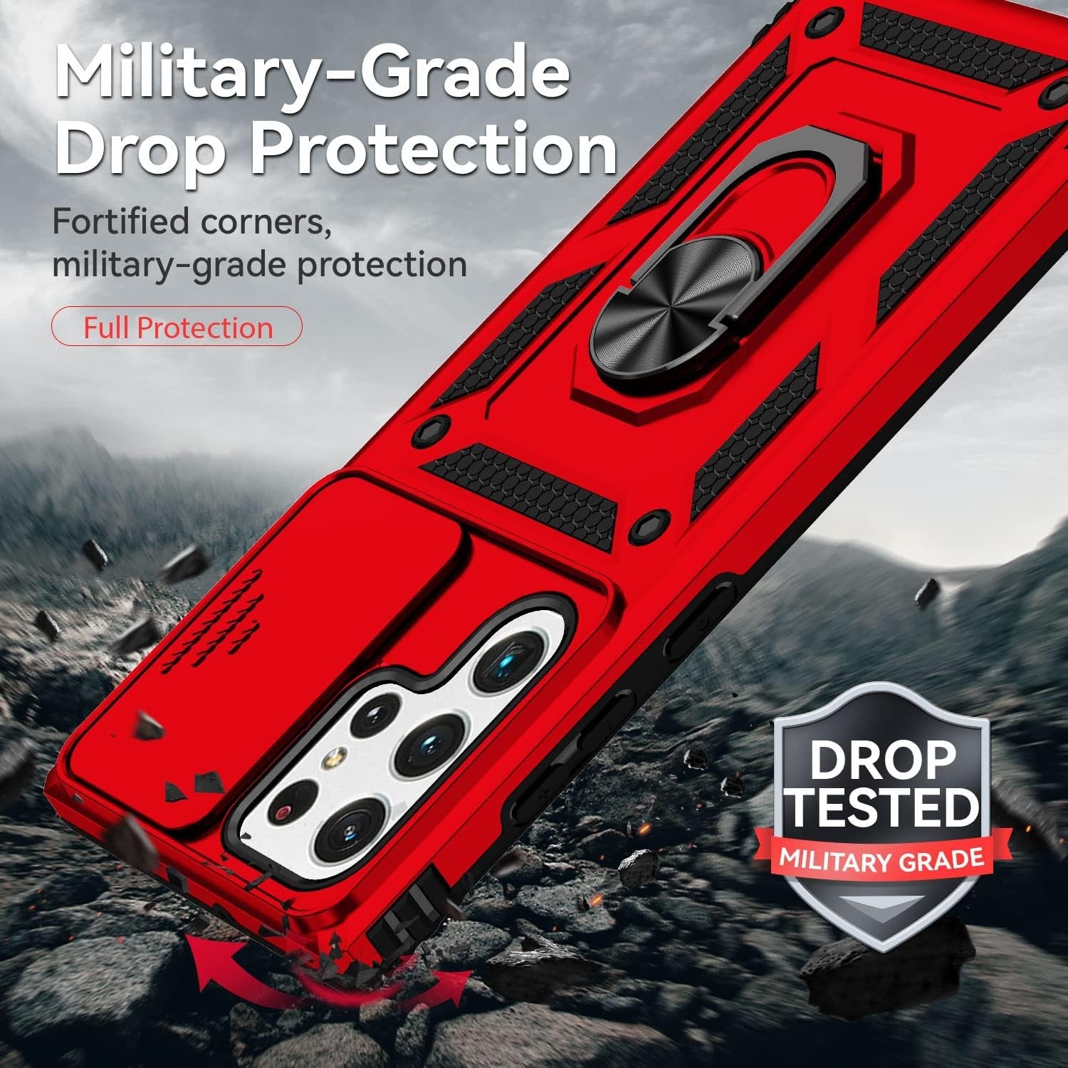 For Samsung Galaxy S22 Ultra Case,With Camera Lens Cover HD Screen Protector,[Military Grade] Ring Car Mount Kickstand Hybrid Hard PC Soft TPU Shockproof Protective Case for Galaxy S22 Ultra, Red