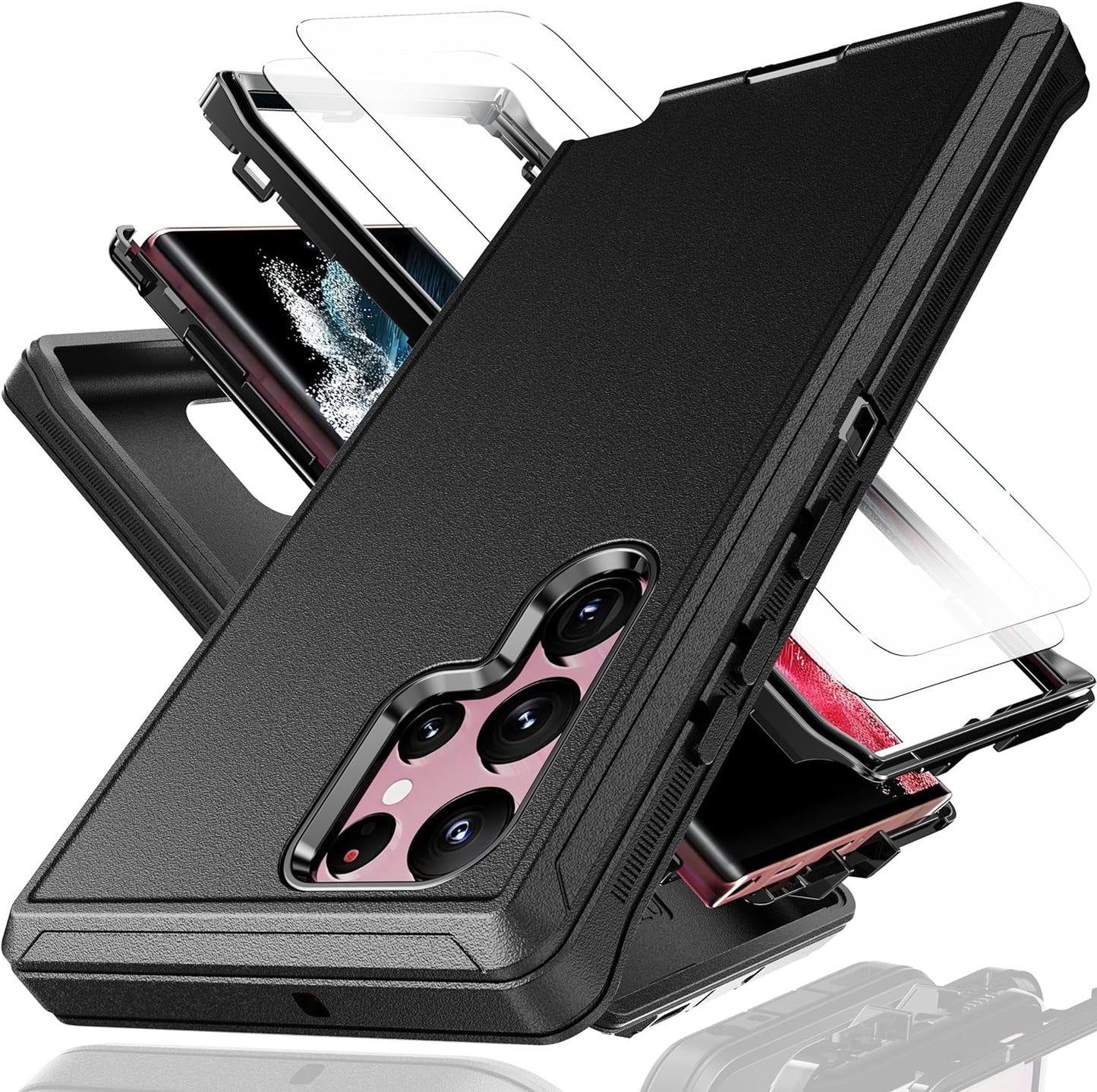 For Galaxy S22 Ultra Case with Soft TPU Film Screen Protector[2 Pack],3 in 1 Shockproof TPU Hard PC Bumper Drop-Proof Shell for Samsung Galaxy S22 Ultra Lihgt Gray/Pink