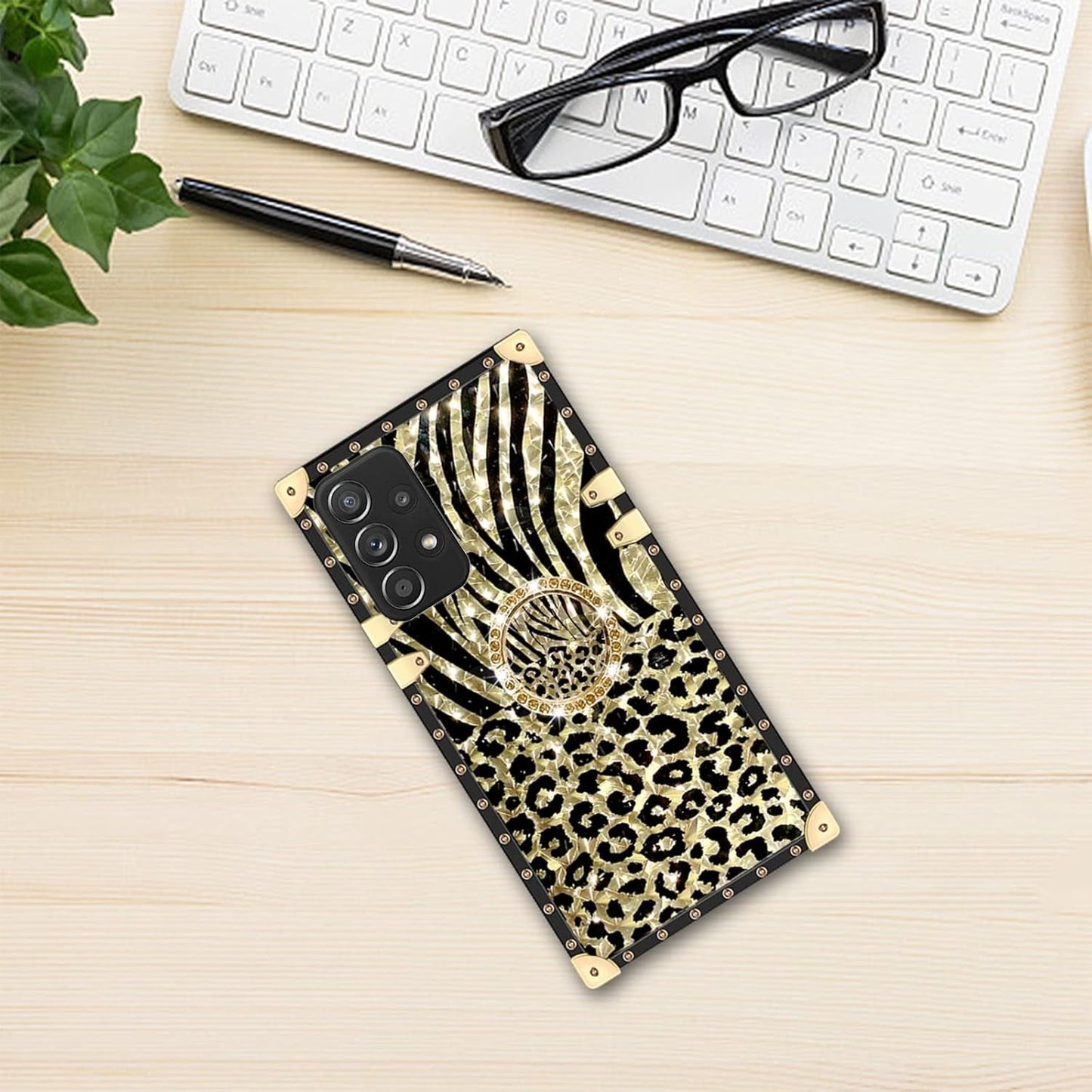 Case for Galaxy A53 5G, for Samsung A53 5G Phone Case with Ring Stand Retro Elegant Luxury Sparkle Leopard Cheetah Print Design Gold Full Protection Square Protective Phone Cover for Girls Women