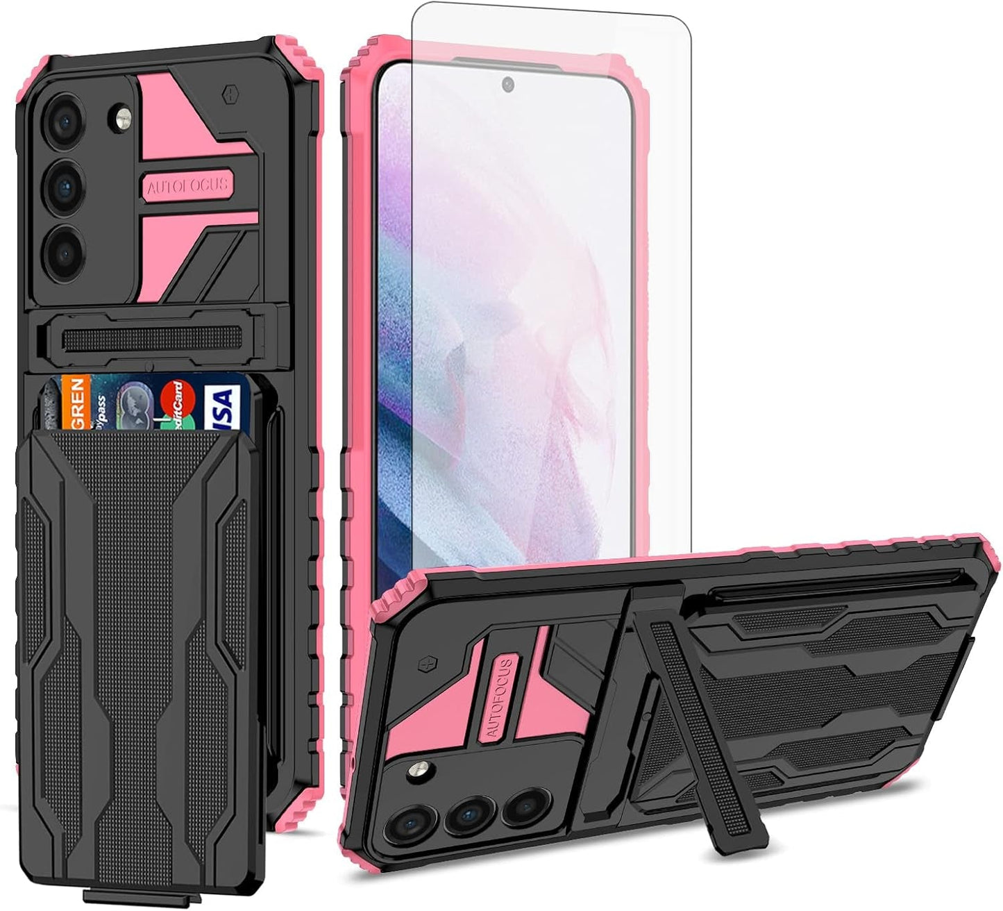 Asuwish Phone Case for Samsung Galaxy S22 plus S22+ 5G with Tempered Glass Screen Protector Cover and Slim Credit Card Holder Stand Cell Accessories S22+5G S22Plus 22S + S 22 22+ Women Men Pink