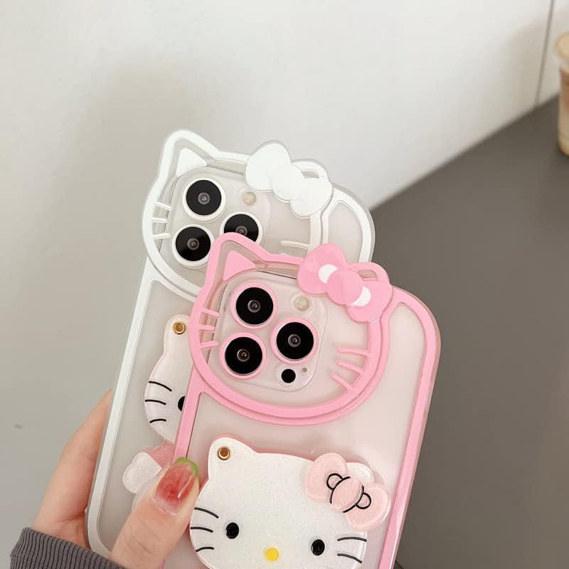 Olntun for Iphone 15 Pro Max Cute Cartoon Cat Case,3D Bow Kawaii Face Makeup Mirror Women Girls Kids Soft TPU Clear Protective Phone Cover Pink  Olntun   