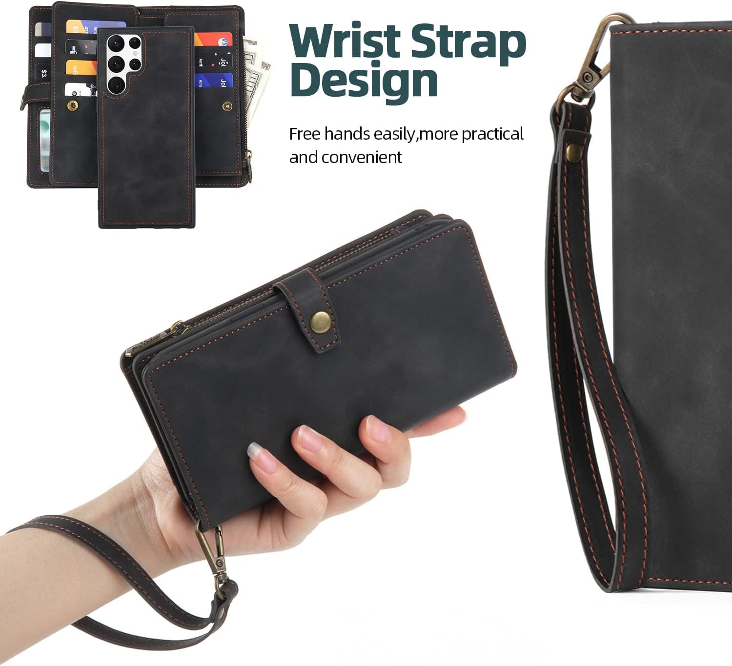 For Samsung Galaxy S22 Ultra Wallet Case with Card Holder & Detachable Magnetic Phone Case, Leather All-Round Protection Wallet Phone Case for Women Men,6.8In,Black