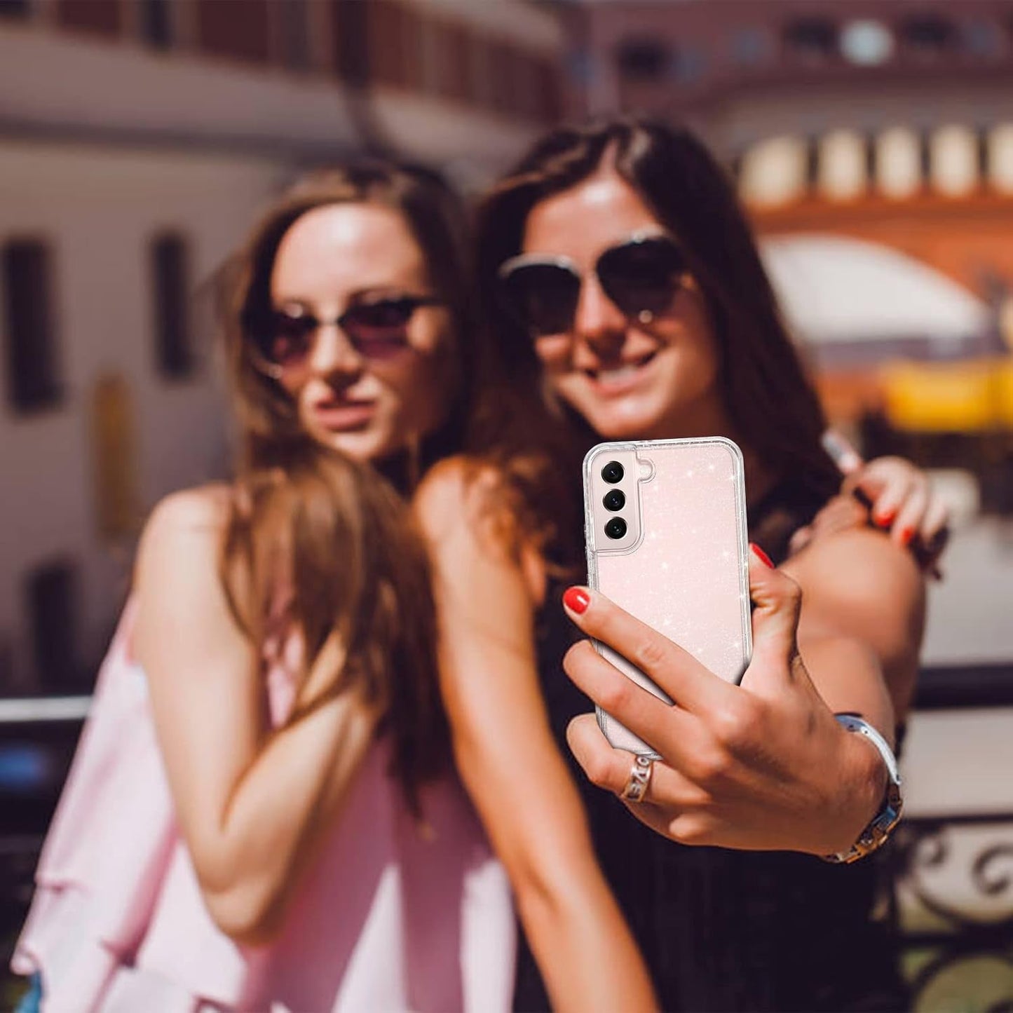 DUEDUE for Samsung Galaxy S22 6.1" 5G Case Glitter Full Body Protective 3 in 1 Heavy Duty Hybrid Hard PC Rugged Shockproof Women Girls Transparent Bling Sparkle Cover Phone Case for Samsung S22, Clear