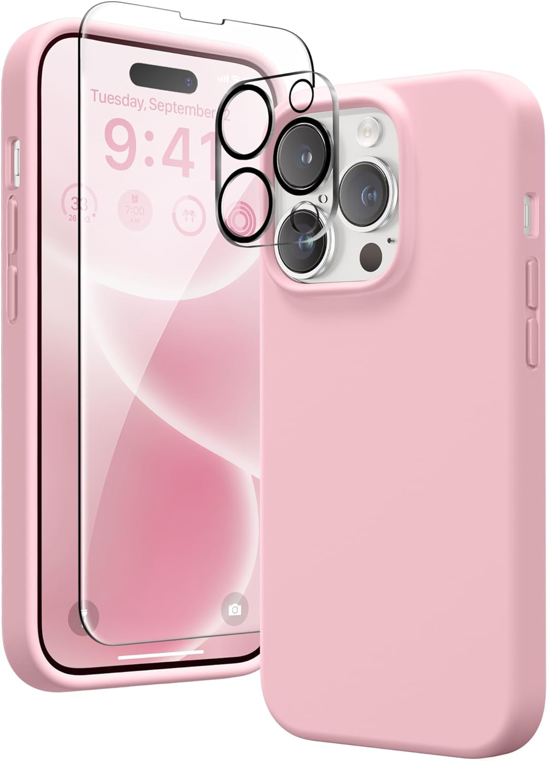 GONEZ for Iphone 14 Pro Case, with 2 Pack Screen Protector + 2 Pack Camera Lens Protector, Soft Anti-Scratch Microfiber Lining, Shockproof Protective Liquid Silicone Phone Cover 6.1'', Blue  GONEZ Peach Pink Iphone 14 Pro 