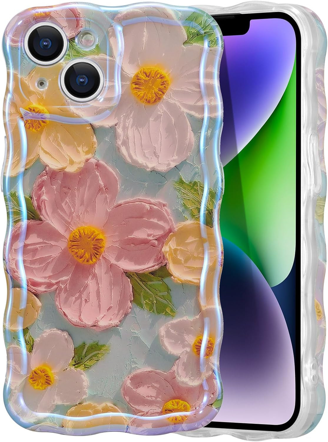 EYZUTAK Case for Iphone 14 Pro, Colorful Retro Oil Painting Flower Leaf Laser Glossy Pattern Cute Curly Wave Edge Exquisite Phone Cover Stylish Durable TPU Protective Case for Girls Women - Blue Green  EYZUTAK   